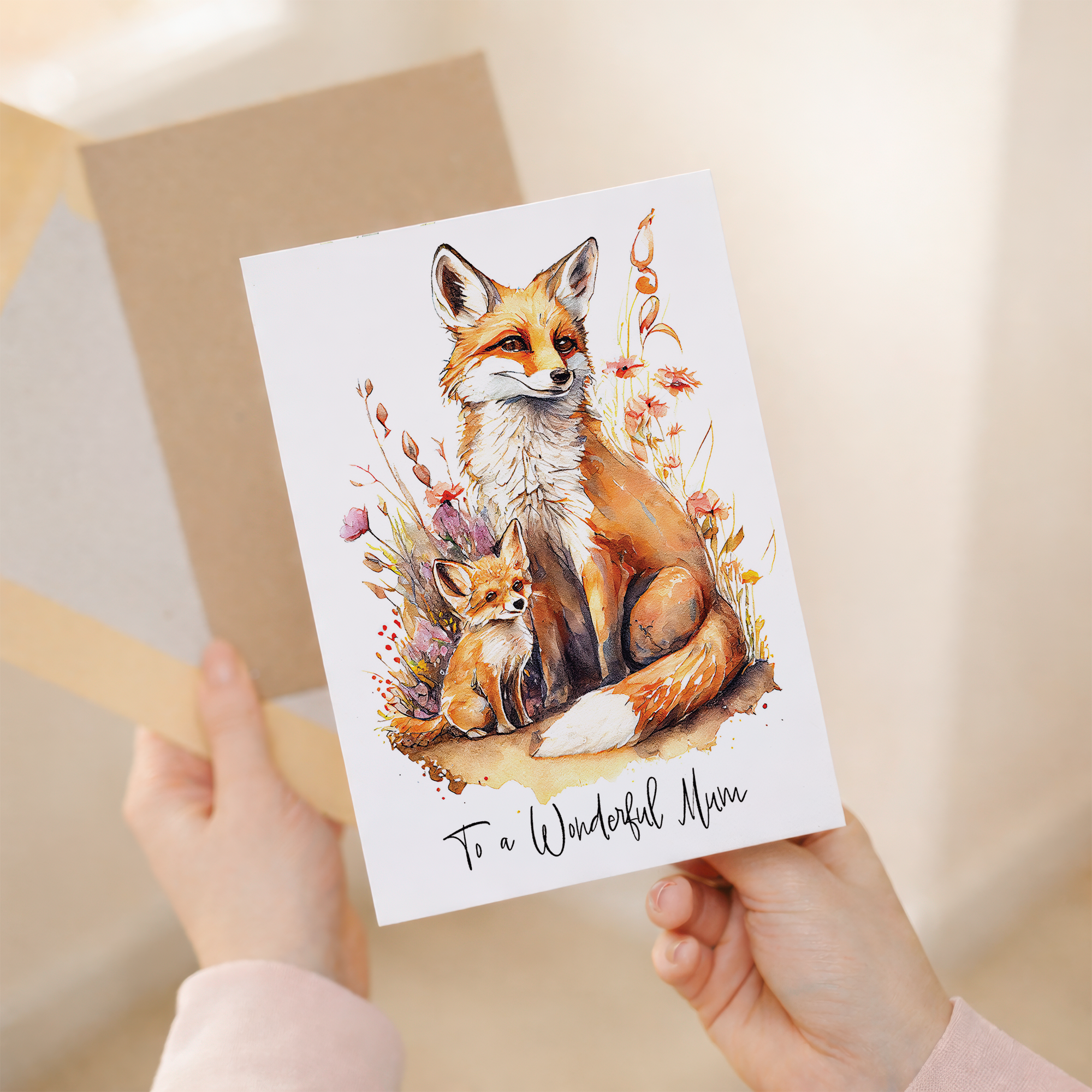 A cute birthday or Mother's Day greeting card for Mum featuring a charming fox illustration.