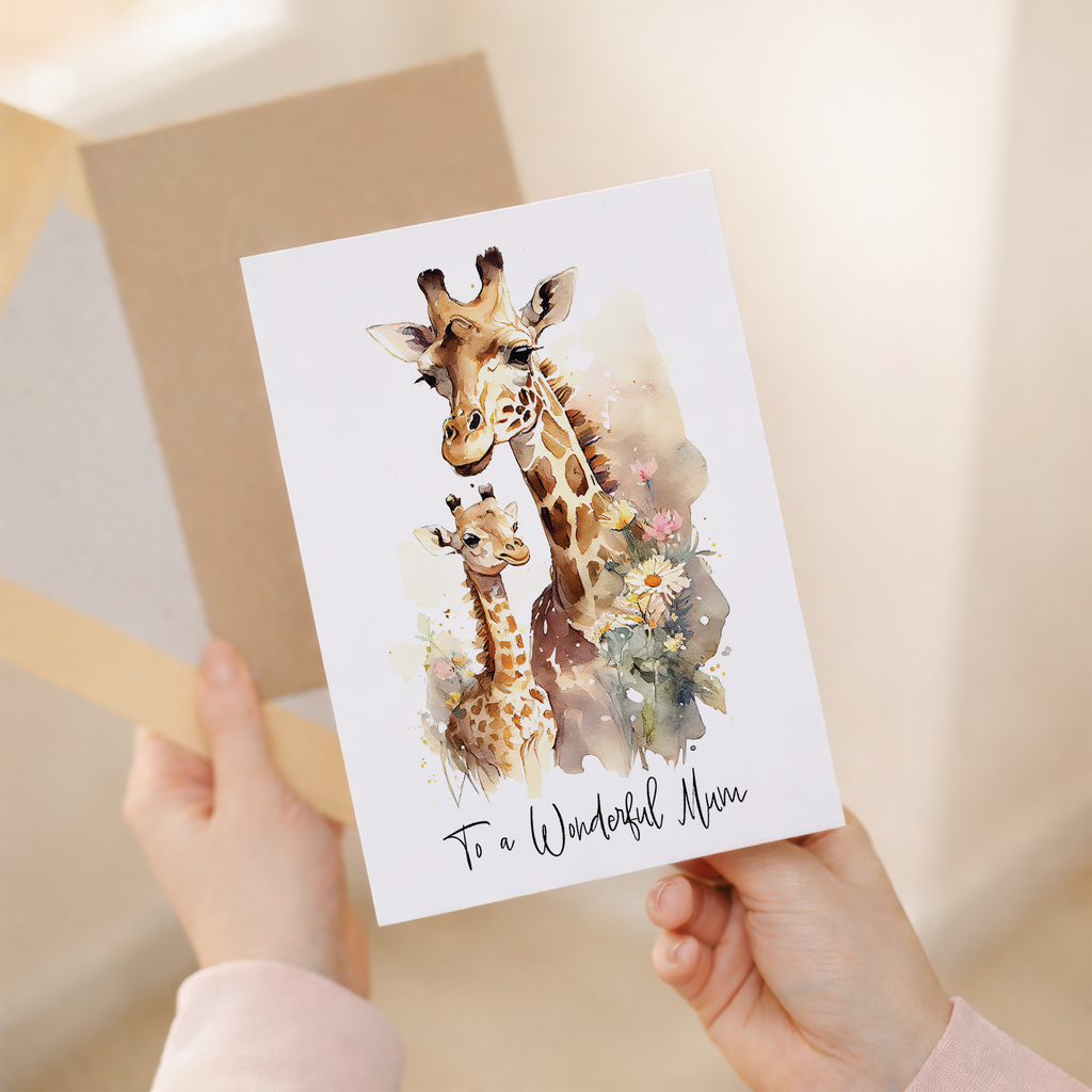 A cute birthday card for mum featuring a hand-drawn giraffe illustration with a simple heart and happy birthday message.