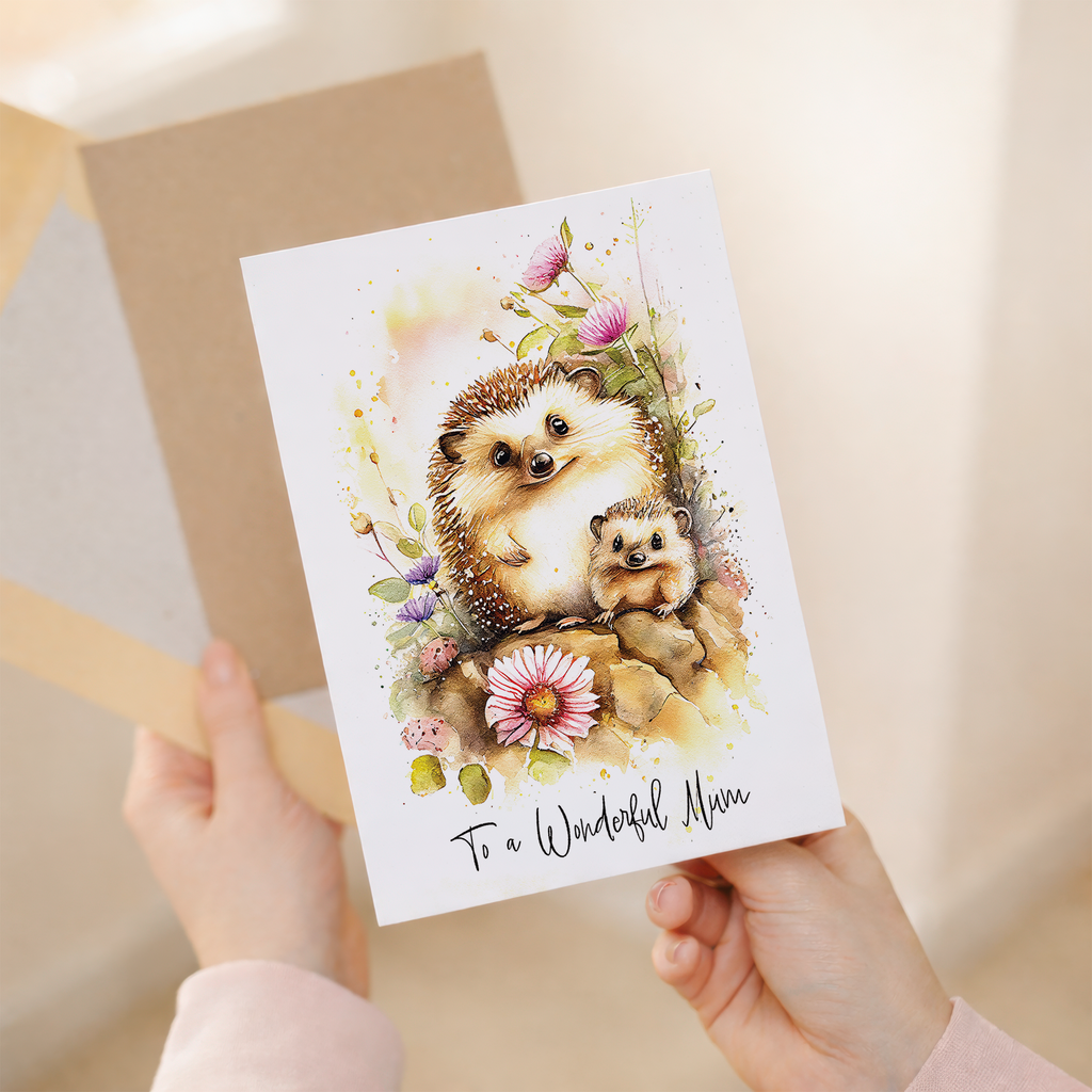 Cute hedgehog illustration on a birthday card for mum with festive decorations and soft colors.
