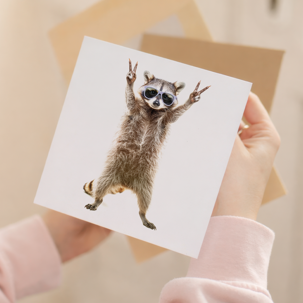 Fun Raccoon Birthday Card Wearing Sunglasses, Eco-Friendly Material, For Him or Her