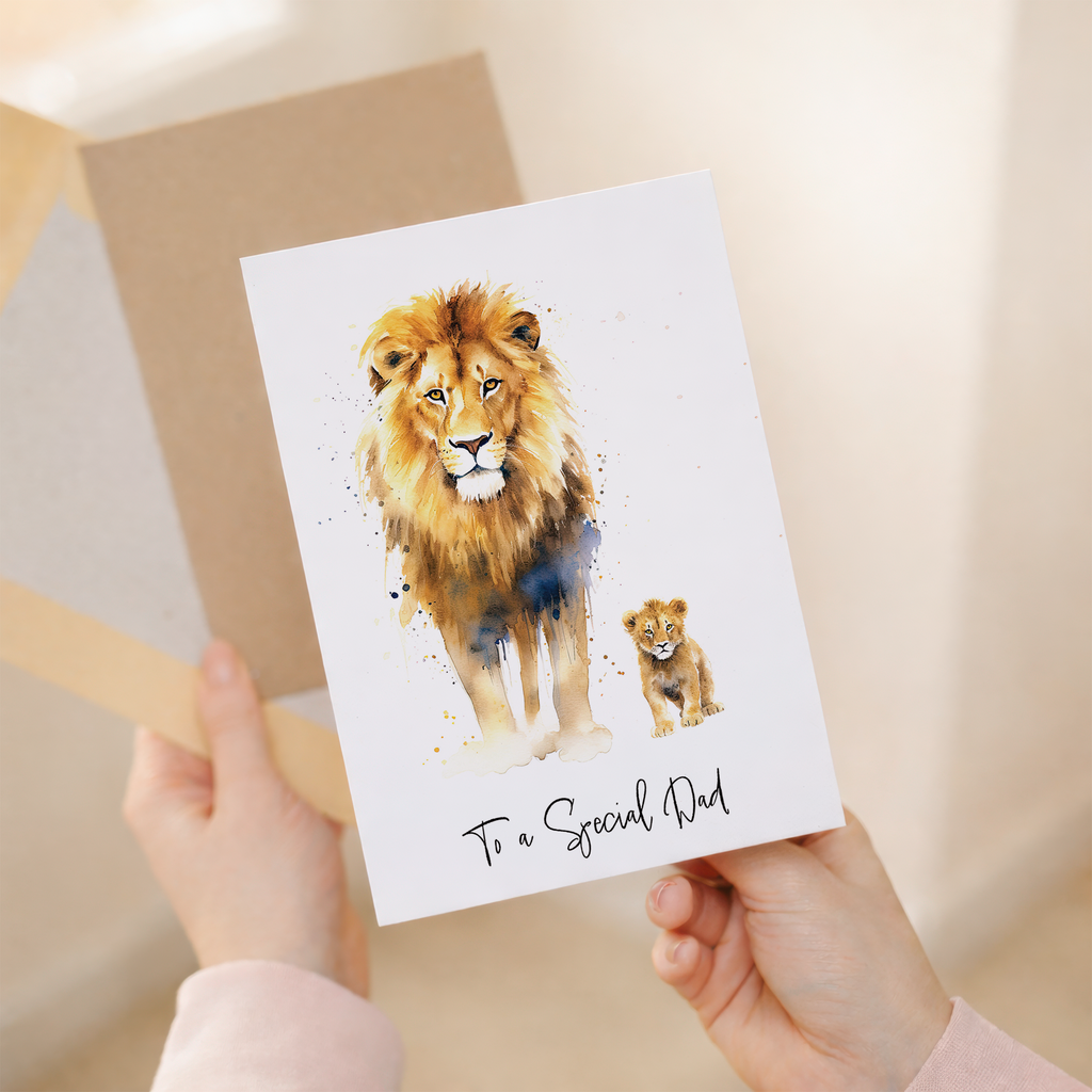 A cute lion illustration on a birthday card for dad, featuring a friendly lion face with a brown mane and artistic details.