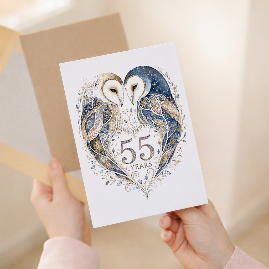 55th Anniversary Card with Owl Heart Illustration