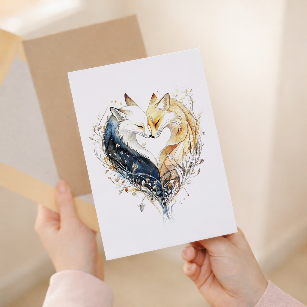 Anniversary Card with Fox Couple Heart Illustration