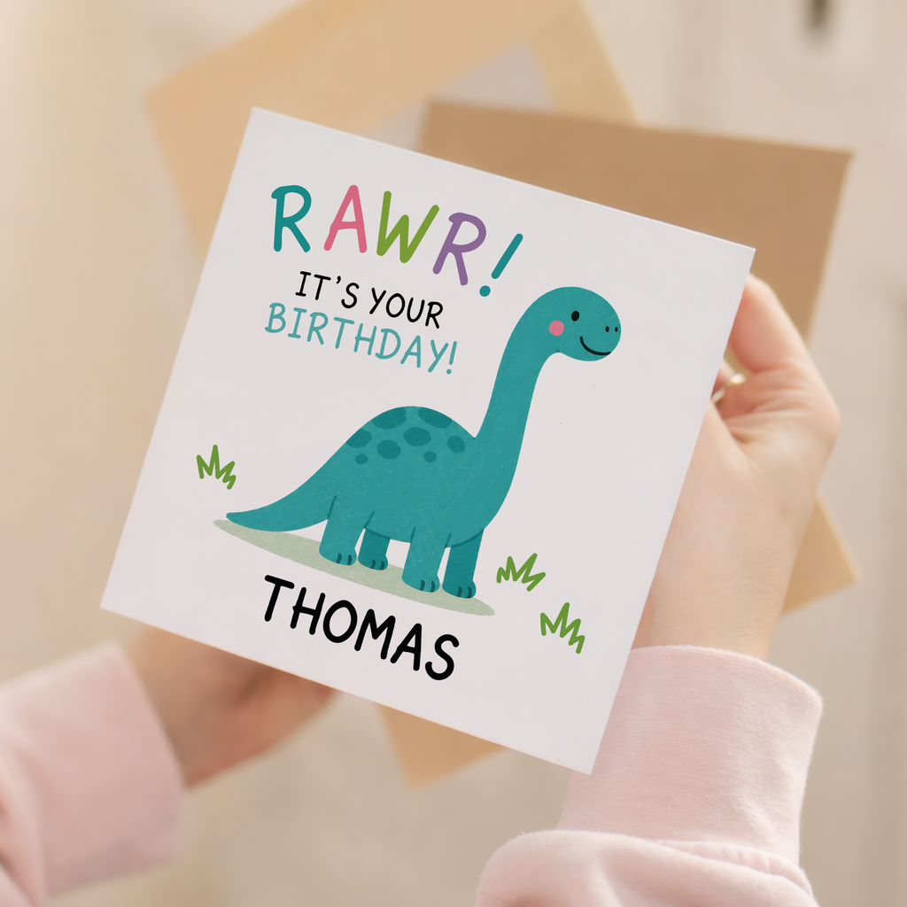 Close up product image of personalised RAWR dinosaur birthday card