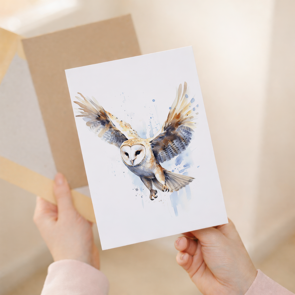 A white greeting card featuring a beautiful barn owl illustration.