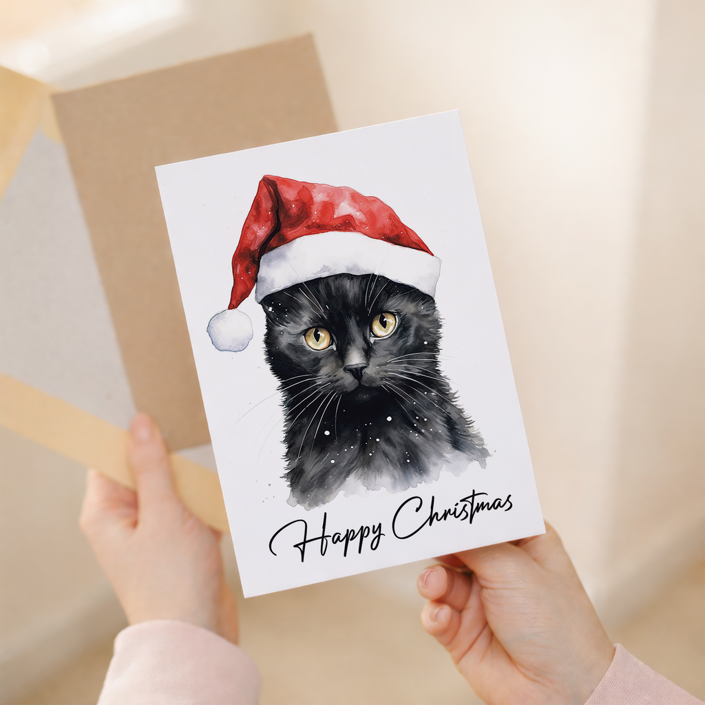 A minimalist Christmas card featuring an adorable illustration of a black cat wearing a festive red and white Santa hat, set against a clean white background.
