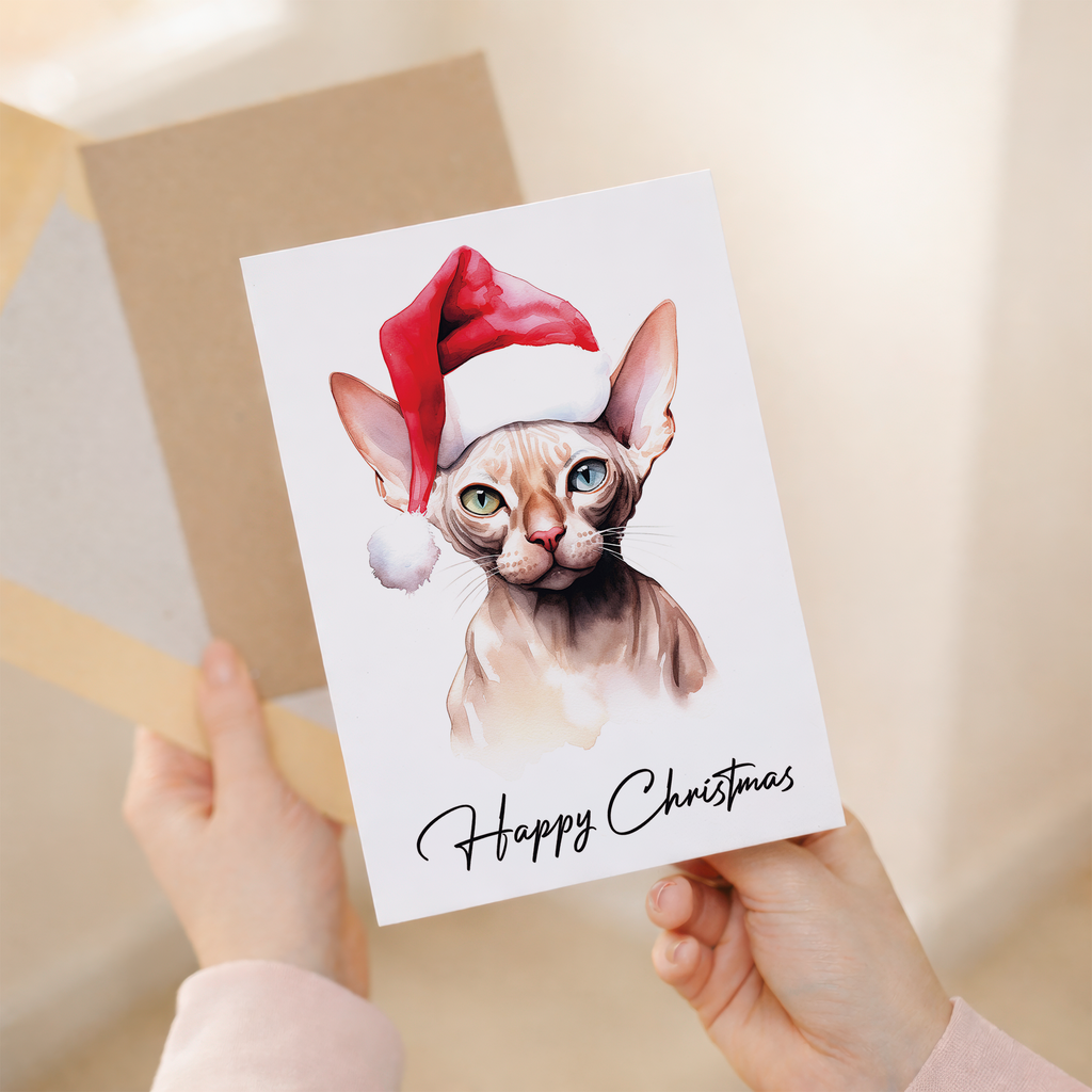 A Sphynx cat wearing a red Santa hat on a Christmas greeting card.