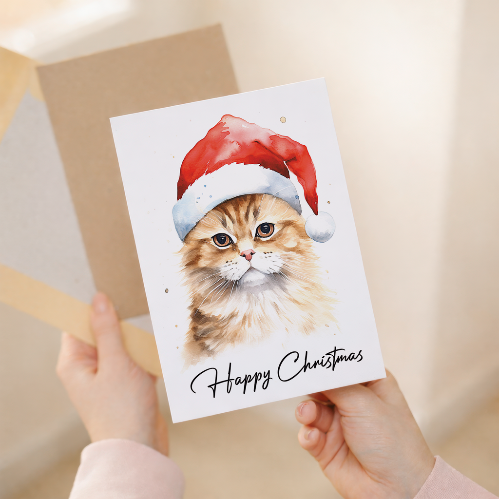 A festive Christmas card featuring an illustration of a cute ginger cat wearing a red and white Santa hat.