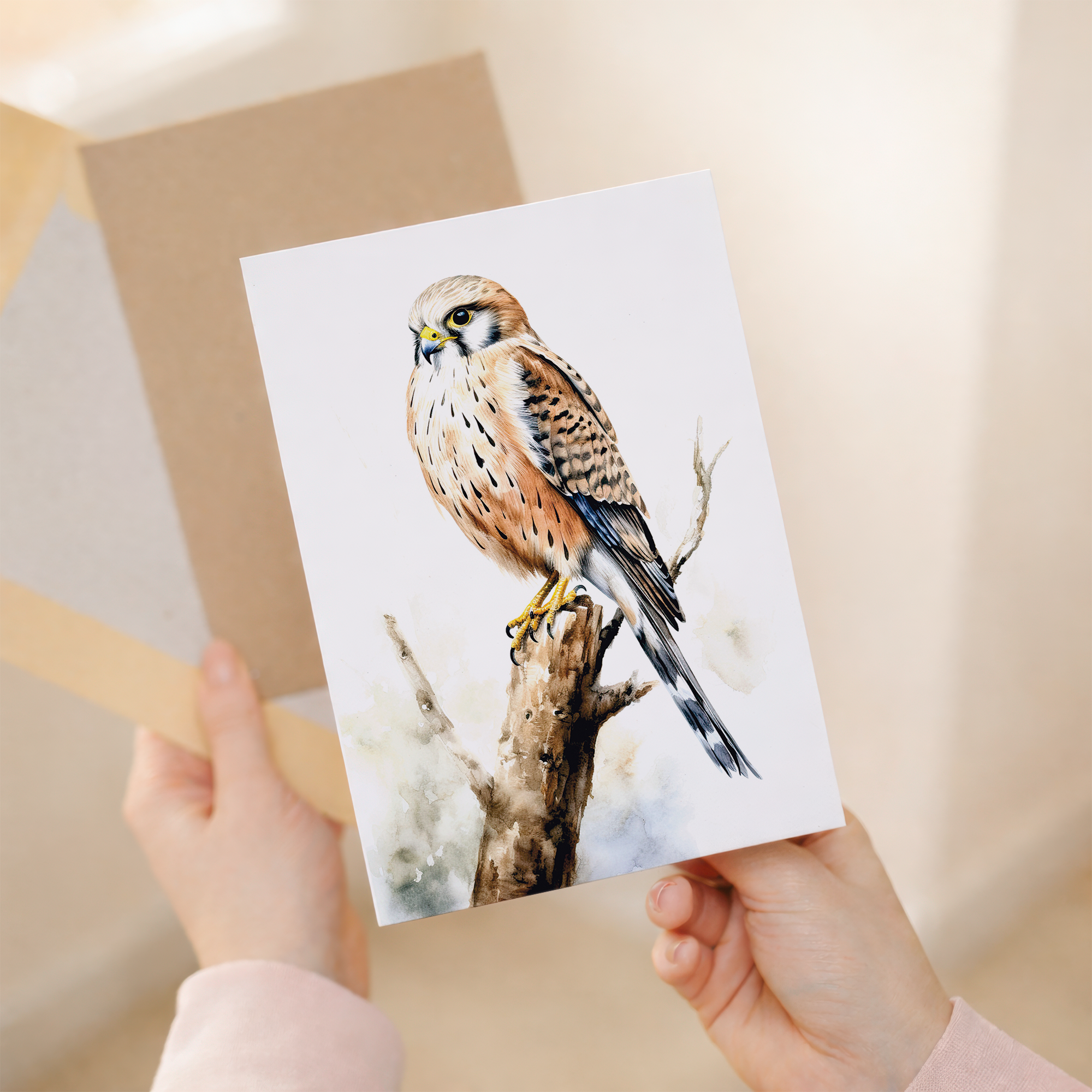 A detailed watercolor painting of a kestrel bird perched on a branch, featured on a vertical greeting card.