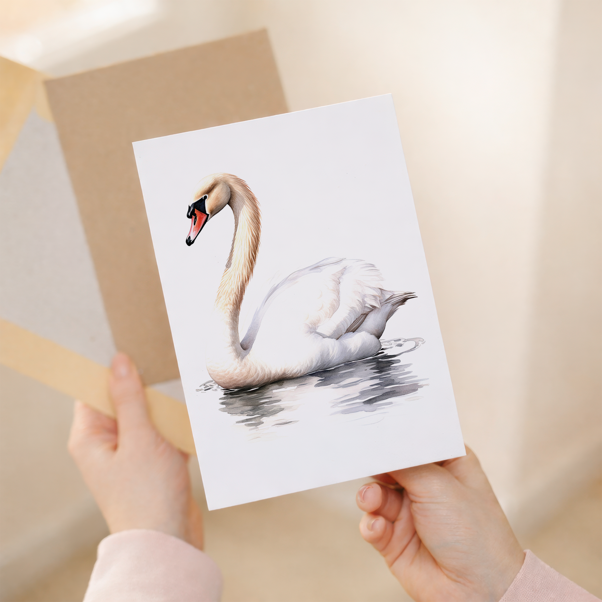 Elegant white swan illustration on a greeting card for birthdays, Easter, or thank you notes.