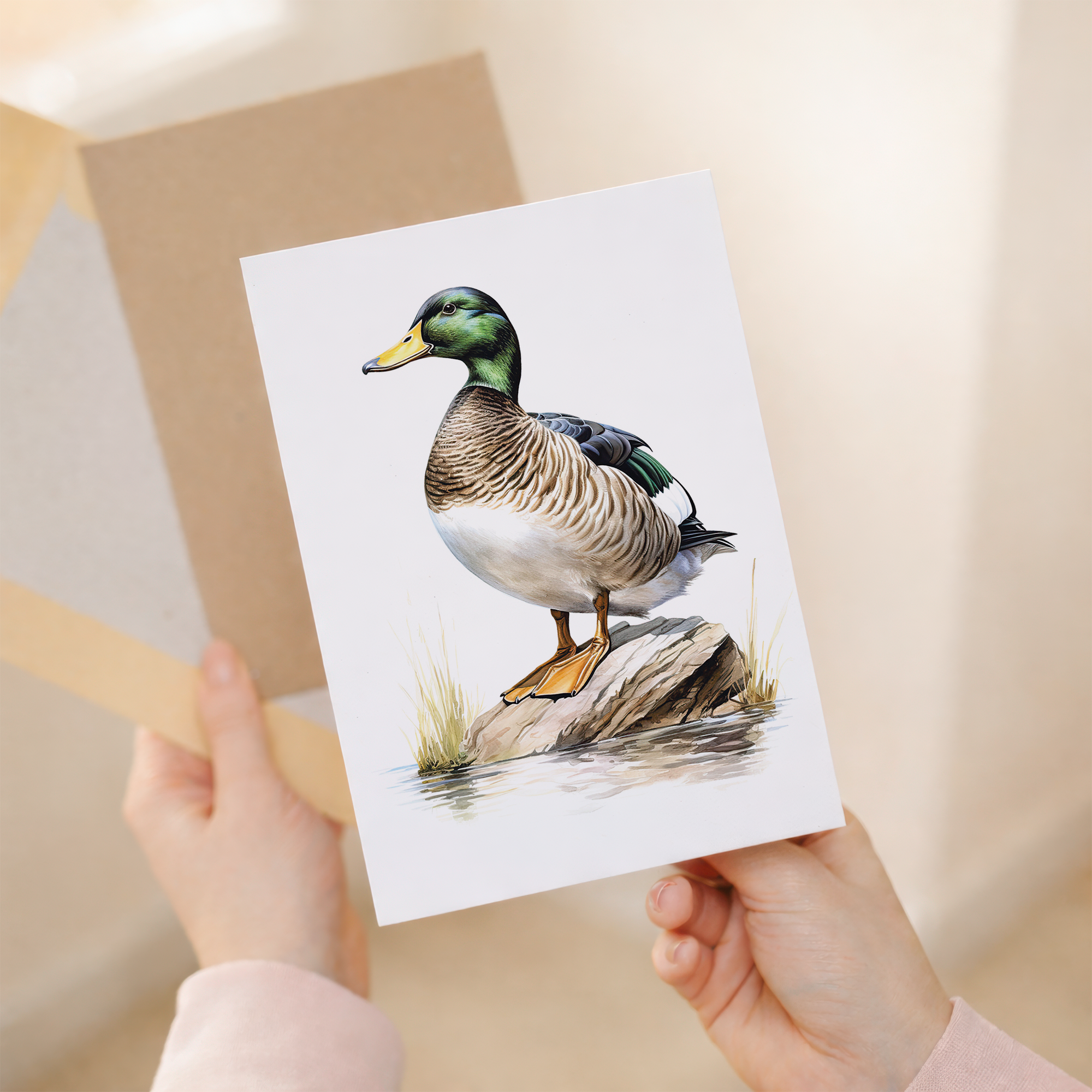 A watercolor illustration of a charming duck on a high-quality notelet card, suitable for birthdays, Easter, or as a thank you card for wildlife enthusiasts.
