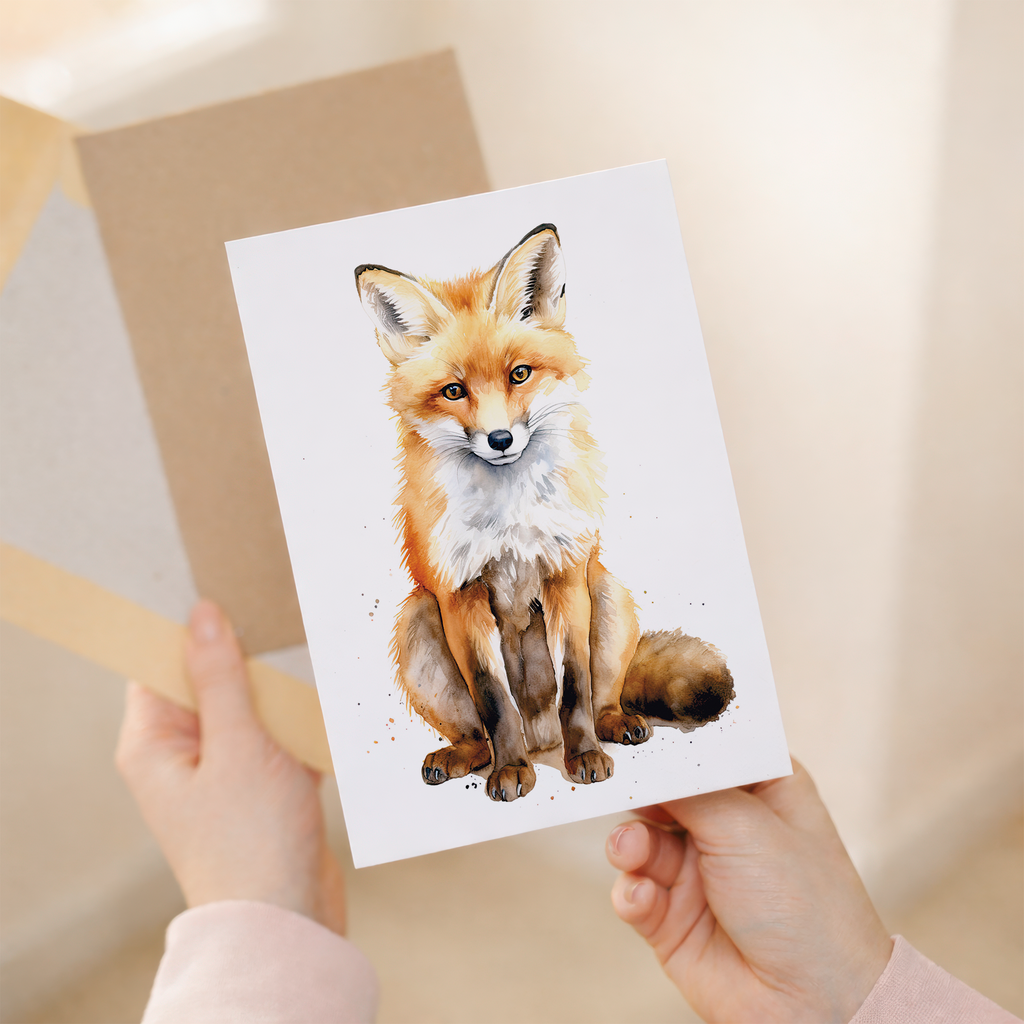 A detailed wildlife illustration of a fox on a greeting card, suitable for birthdays, Easter, or any occasion.