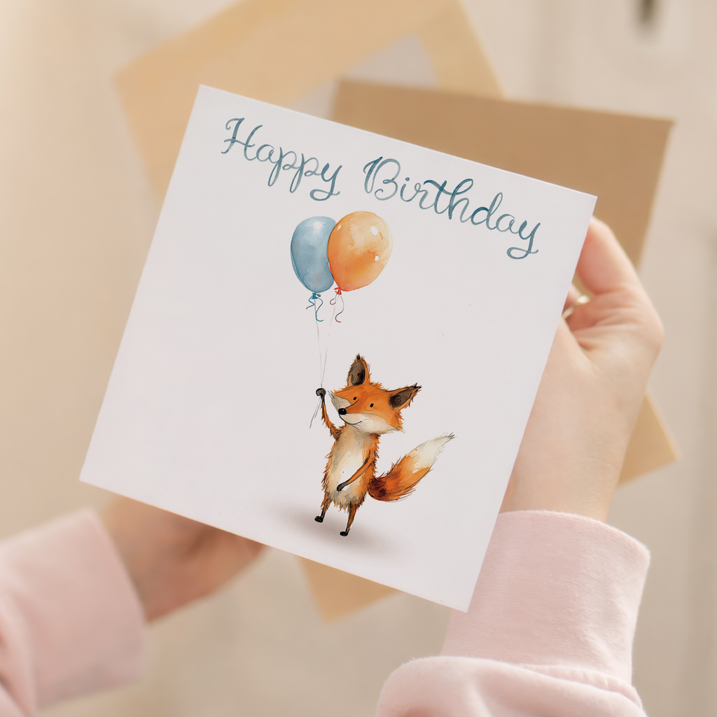 Birthday Card for Child Birthday Card For Kids Birthday Card For Her or Him Cute Fox Birthday Card With Birthday Balloons For Boy or Girl