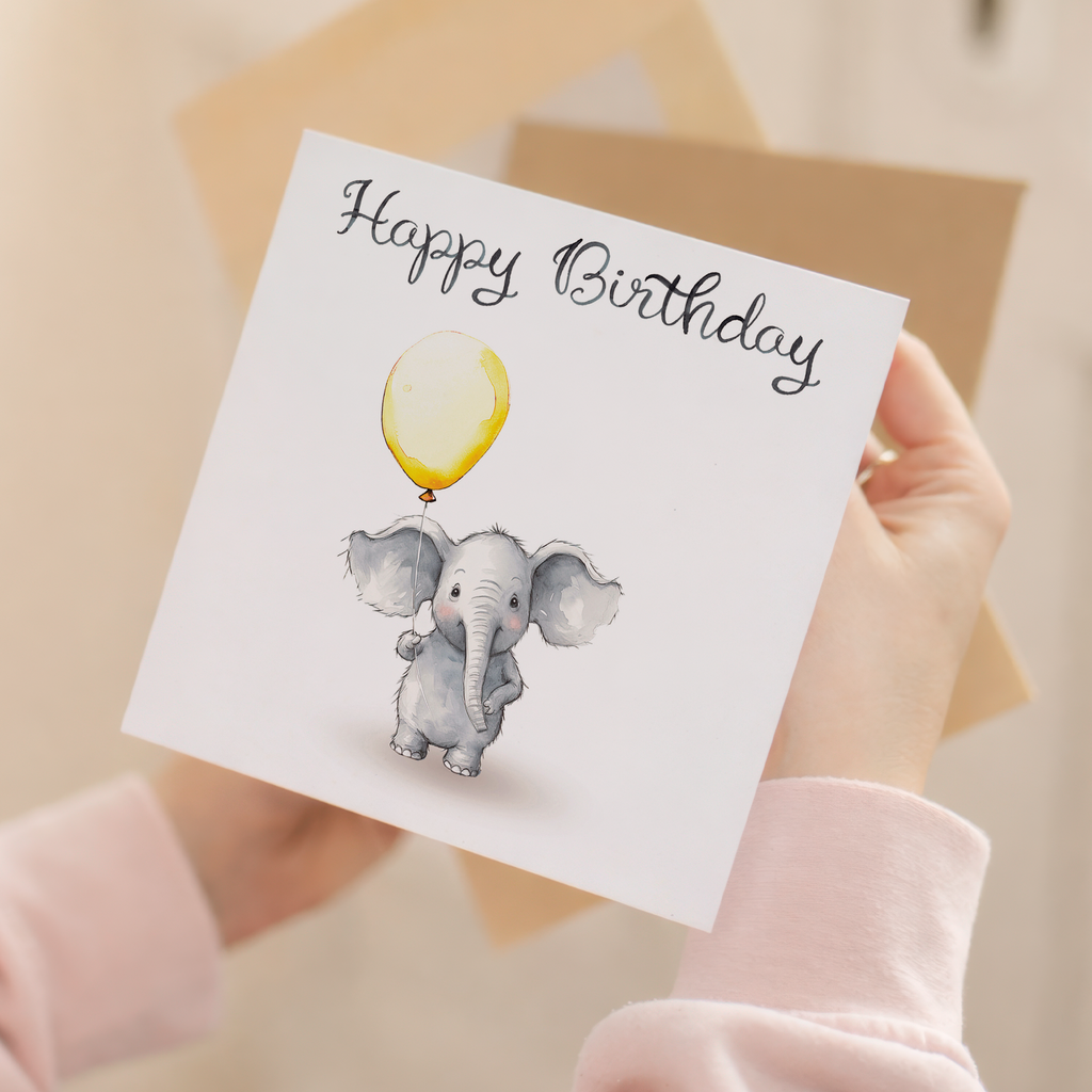 Birthday Card for Child Birthday Card For Girl of Boy Birthday Card For Her or Him Cute Elephant Birthday Card With Birthday Balloons
