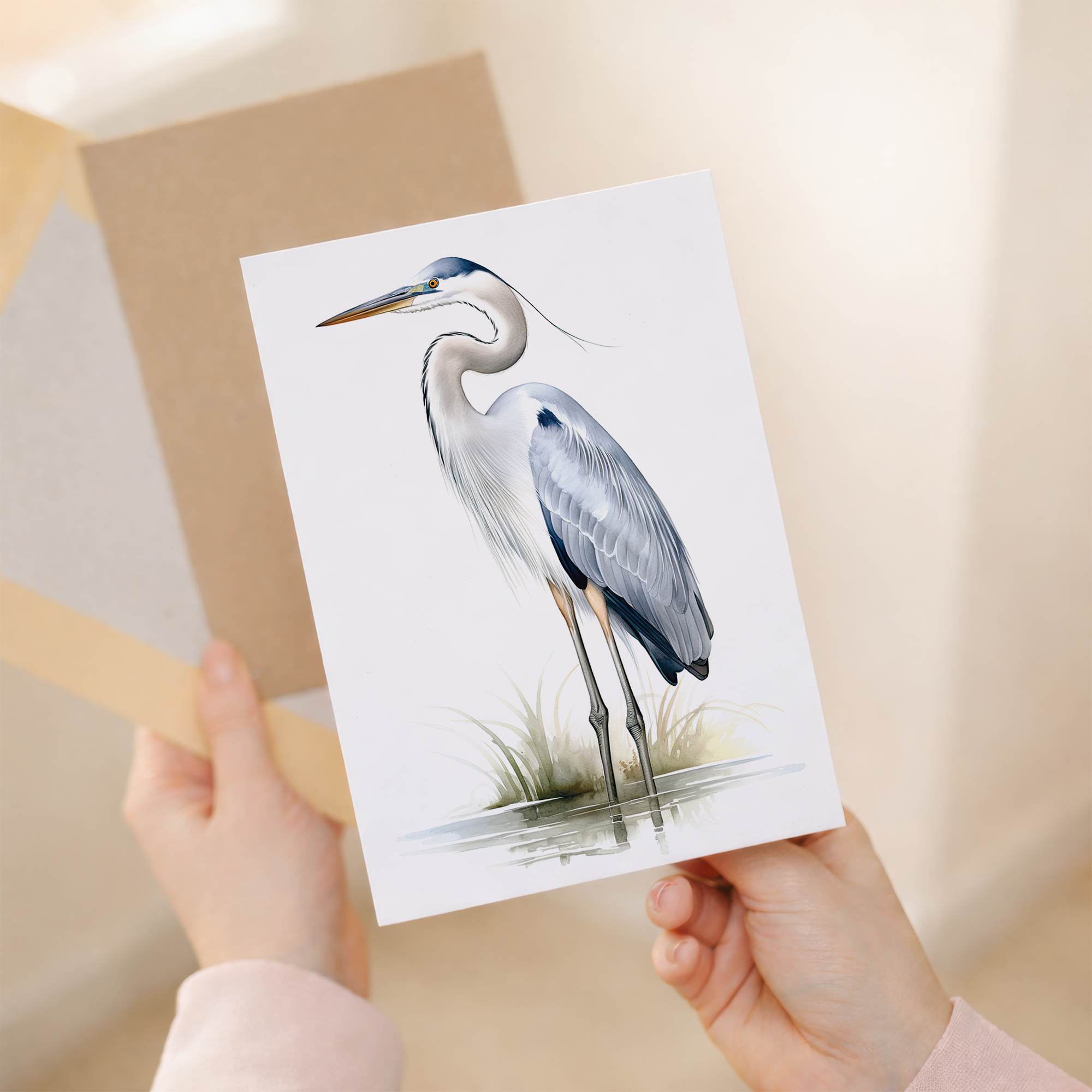 A serene illustration of a grey heron standing gracefully amidst reeds and water, suitable for a nature-themed greeting card.