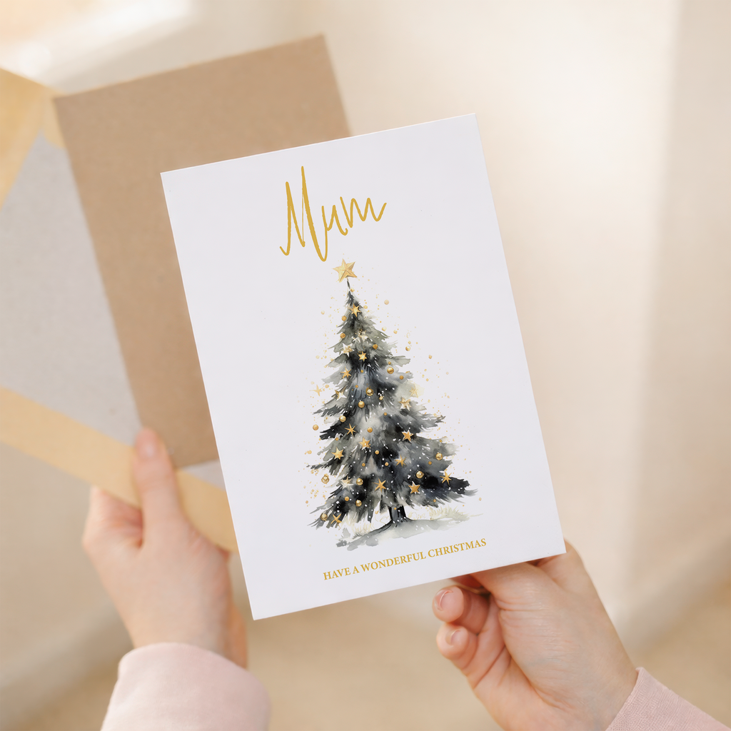 Christmas card featuring a festive Christmas tree design for Mum and Dad, printed on eco-friendly paper.