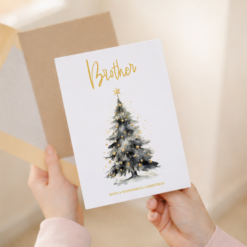 A luxury Christmas card for a brother featuring a classic traditional Christmas tree design.