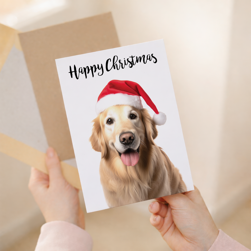 Golden Retriever Dog Christmas Card with Festive Illustration, Eco-Friendly Material, For Him or Her