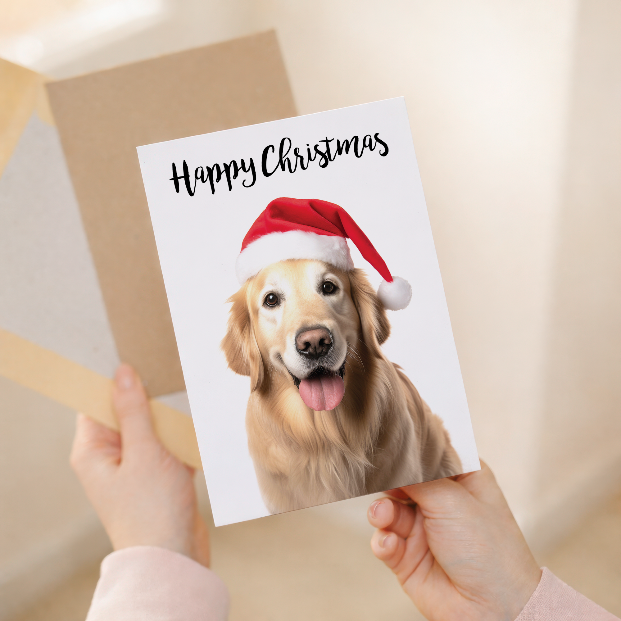 Golden Retriever Dog Christmas Card with Festive Illustration, Eco-Friendly Material, For Him or Her