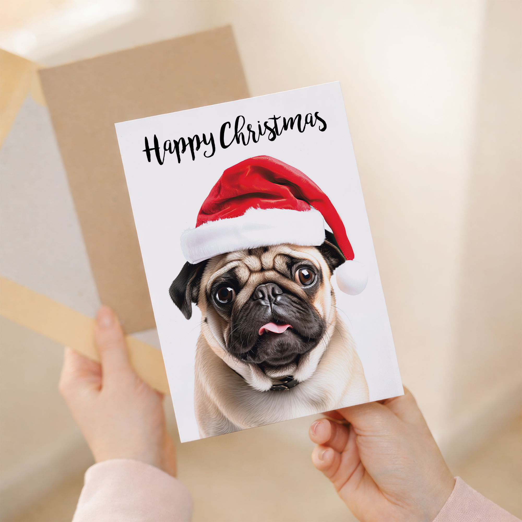 Festive Pug Dog Christmas Card, Eco-Friendly Material, For Him or Her, Friend or Relative