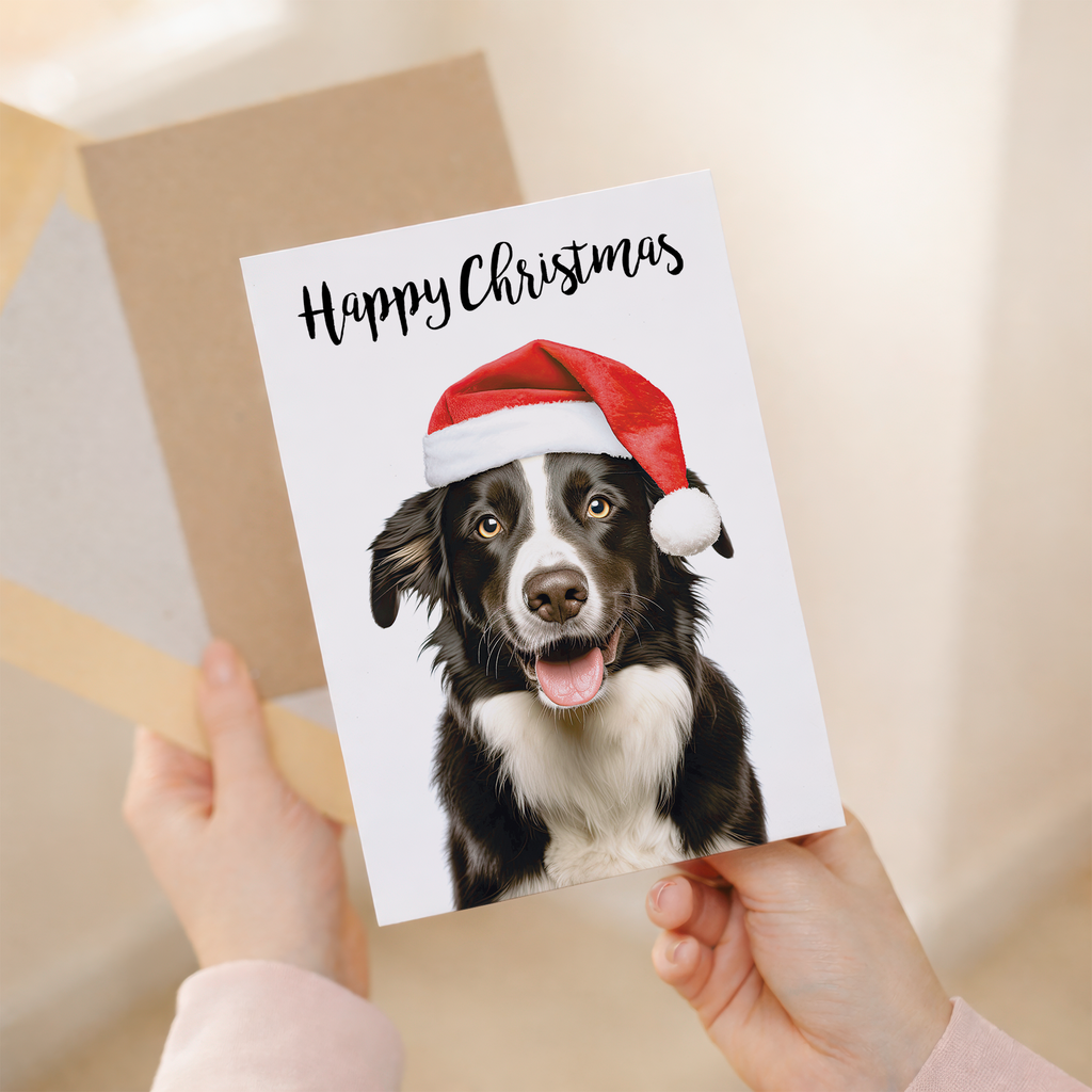 Festive Collie Dog Christmas Card for Him or Her, Eco-Friendly Material, Unique Holiday Illustration