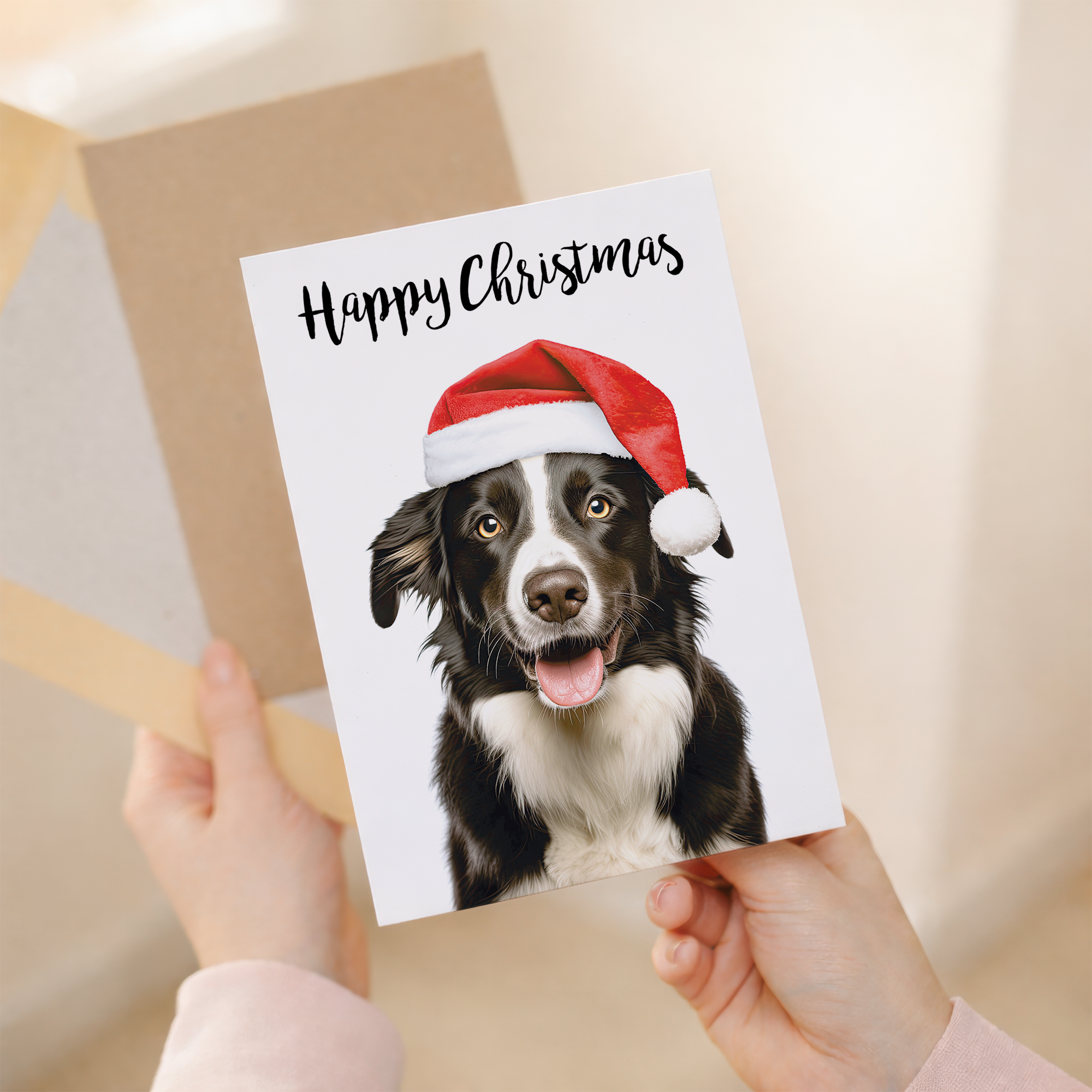 Festive Collie Dog Christmas Card for Him or Her, Eco-Friendly Material, Unique Holiday Illustration