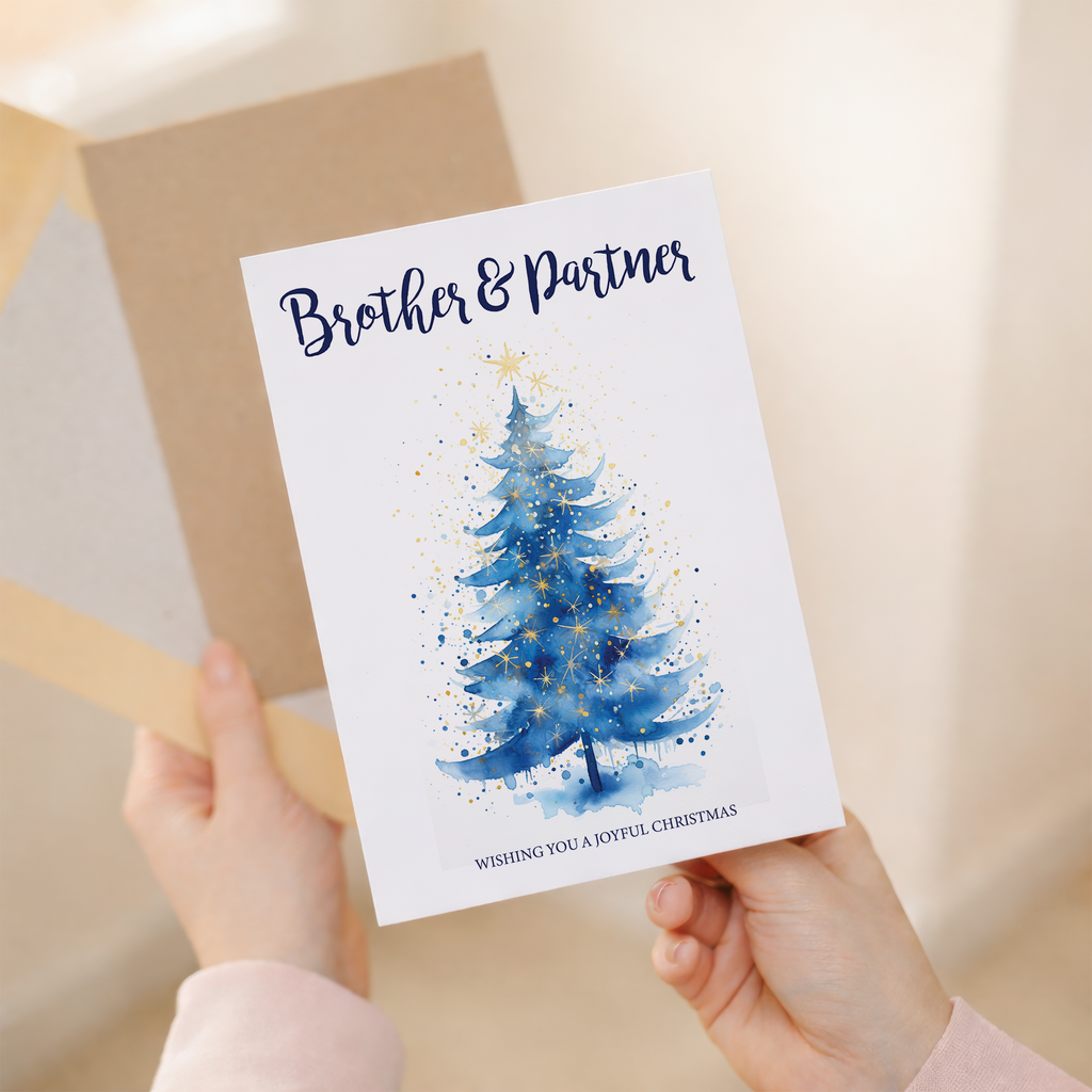 Christmas card for a brother and partner featuring a stylized illustration of a Christmas tree.