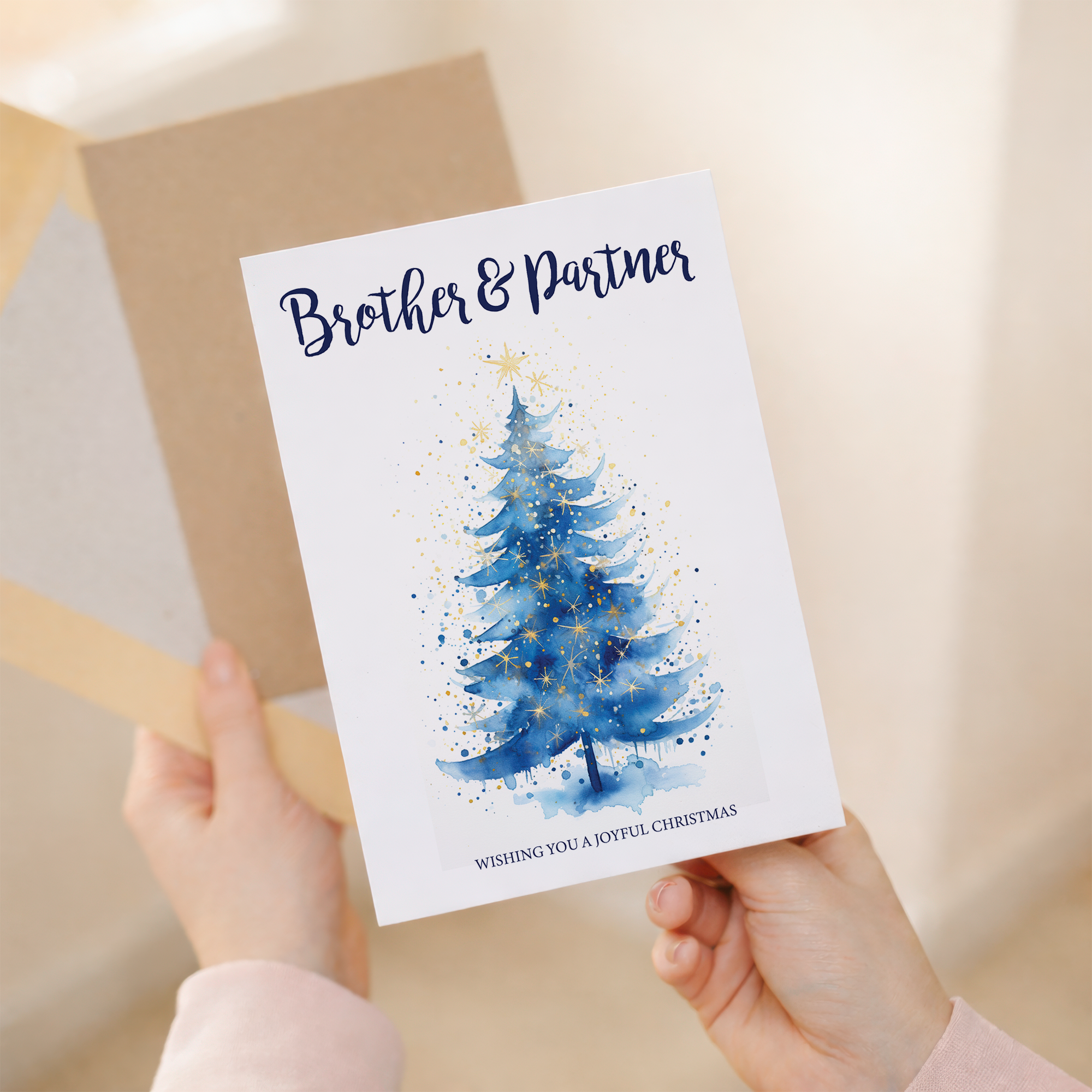 Christmas card for a brother and partner featuring a stylized illustration of a Christmas tree.
