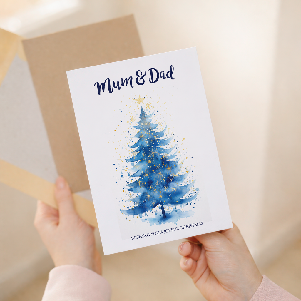 Christmas card featuring a minimalist illustration of a decorated Christmas tree, with a kraft envelope.