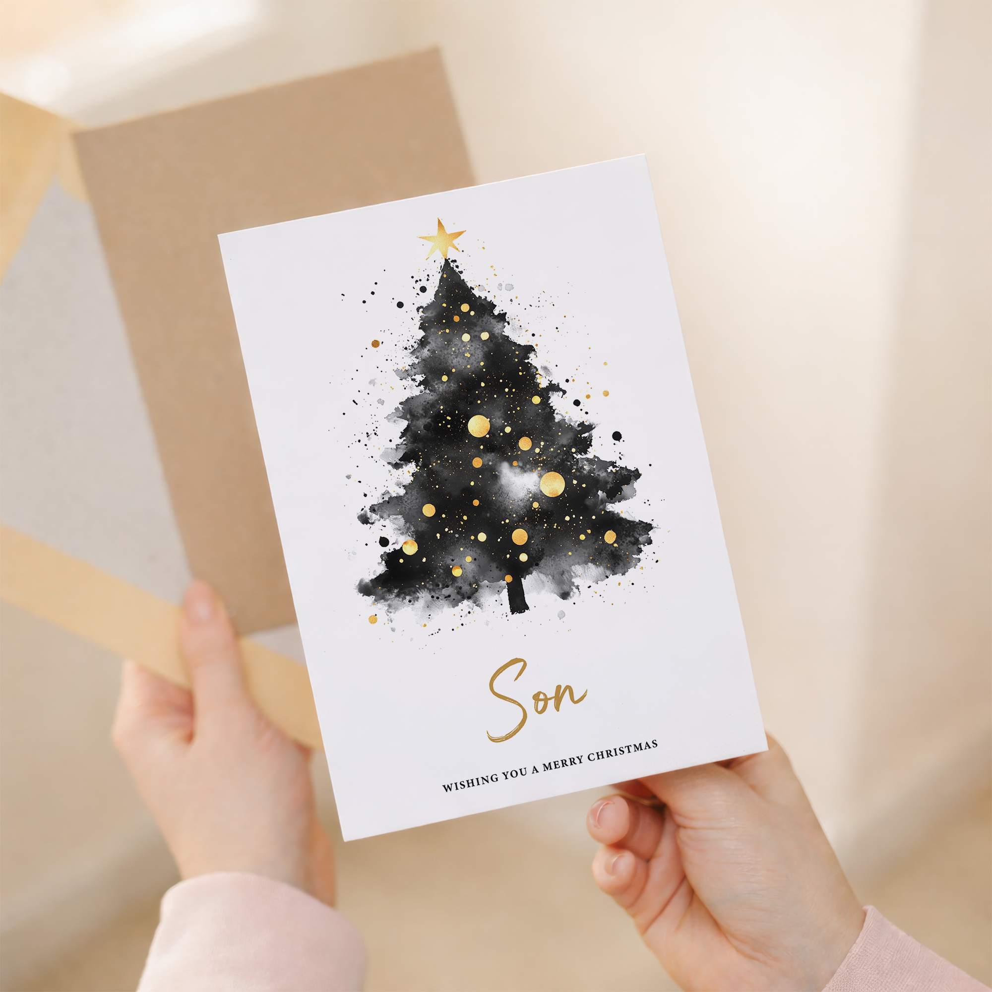 Christmas greeting card for a son featuring an illustrated Christmas tree with the text Merry Christmas.