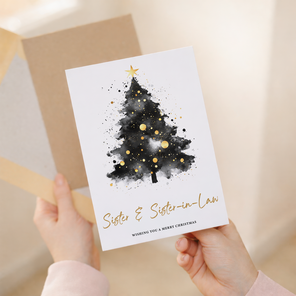 Christmas card for sister and sister-in-law featuring a festive illustrated Christmas tree with a star on top and the message Wishing You a Merry Christmas.