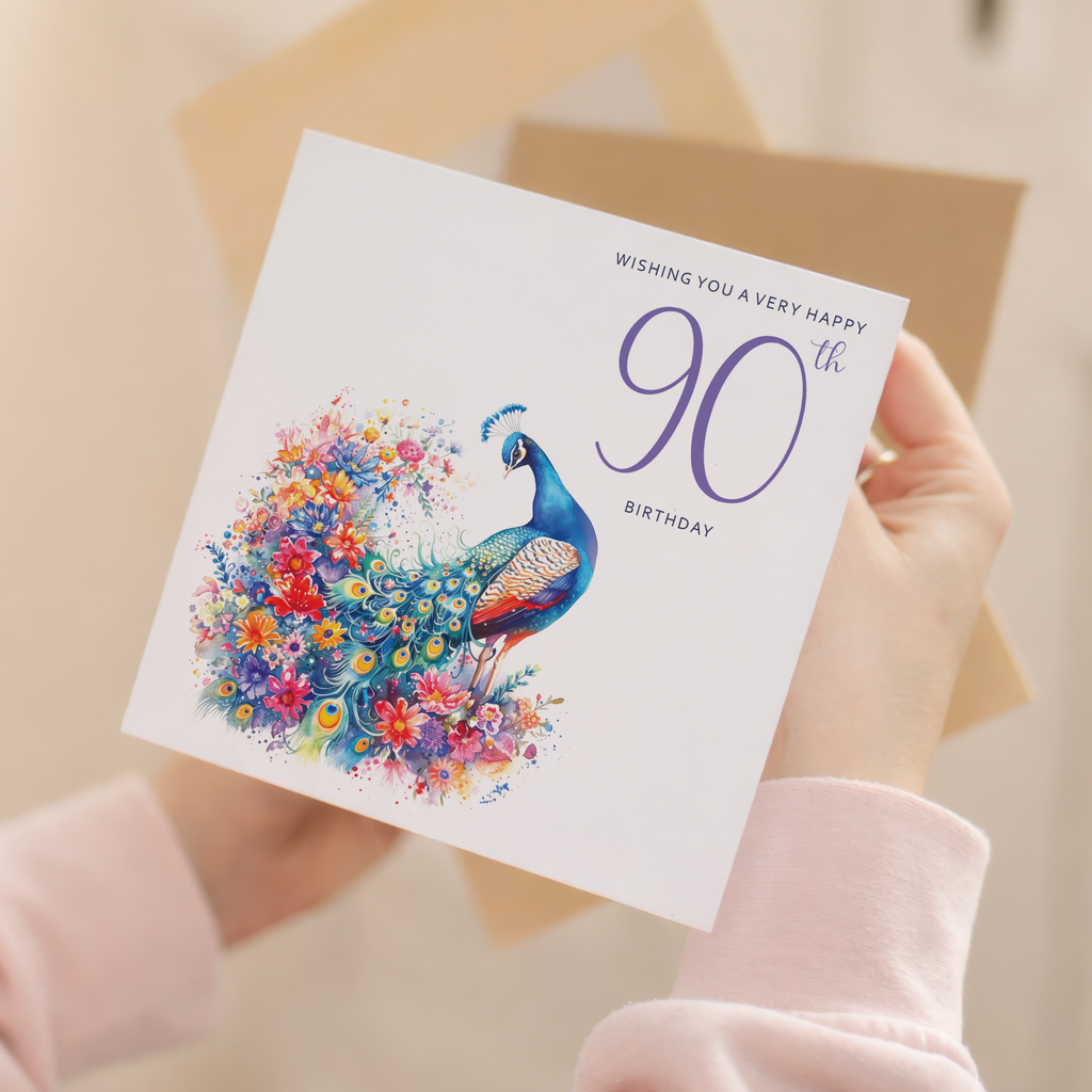90th Birthday Card With Peacock Illustration Pretty Ninty Card For Mum, Gran or Friend Ninetieth Birthday Card
