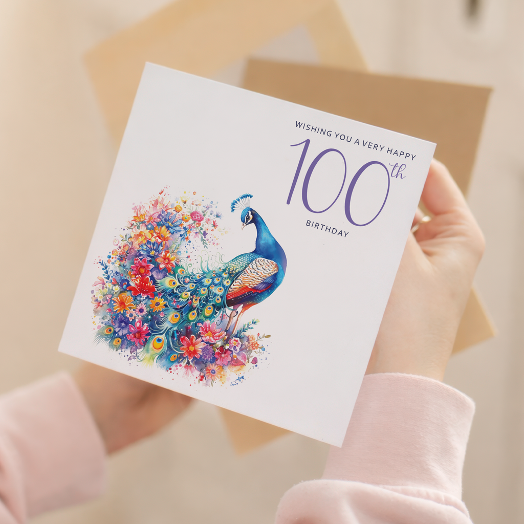 100th Birthday Card With Peacock Illustration Pretty One Hundred Card For Mum, Gran or Friend One Hundredth Birthday Card