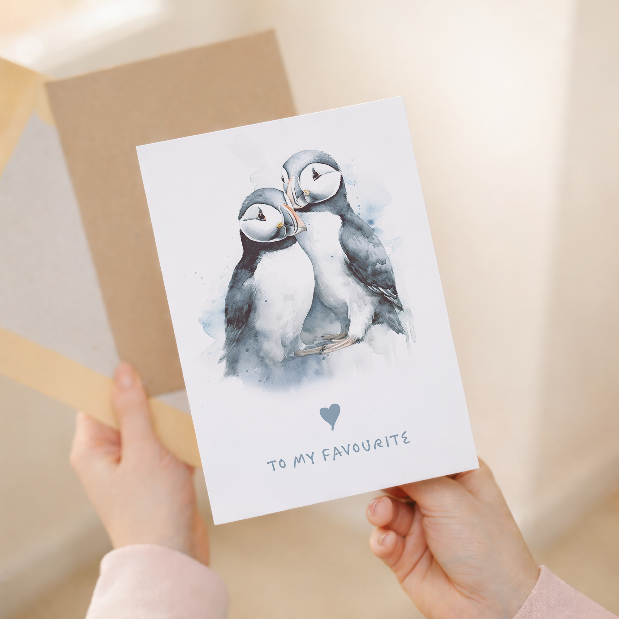 Puffin illustration on a gray and white anniversary card for a wife, husband, boyfriend, or girlfriend.