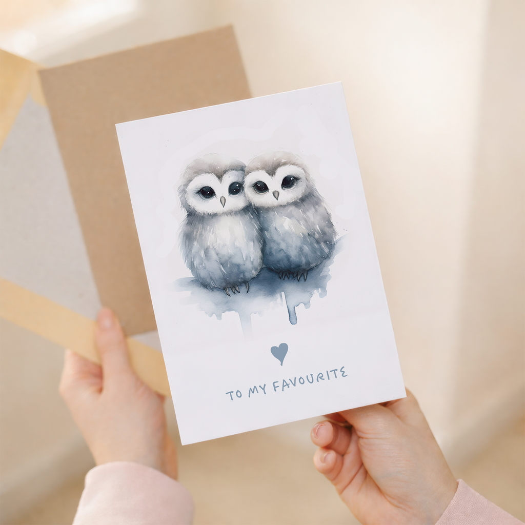 A simple, romantic greeting card featuring two illustrated owls sitting together on a branch, perfect for an anniversary or Valentine's Day.