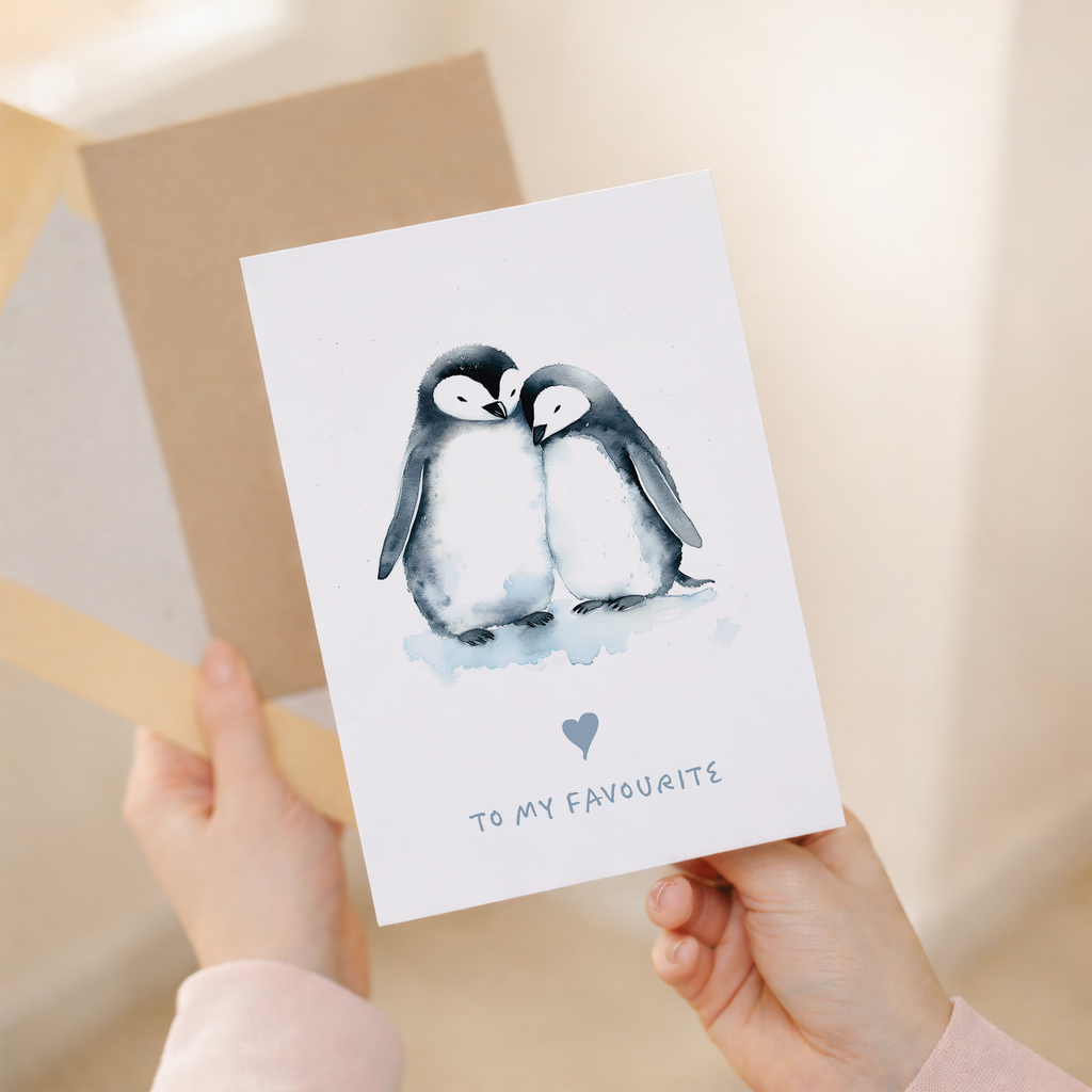An illustration of two cute penguins standing together with a small red heart between them, on a simple white background.