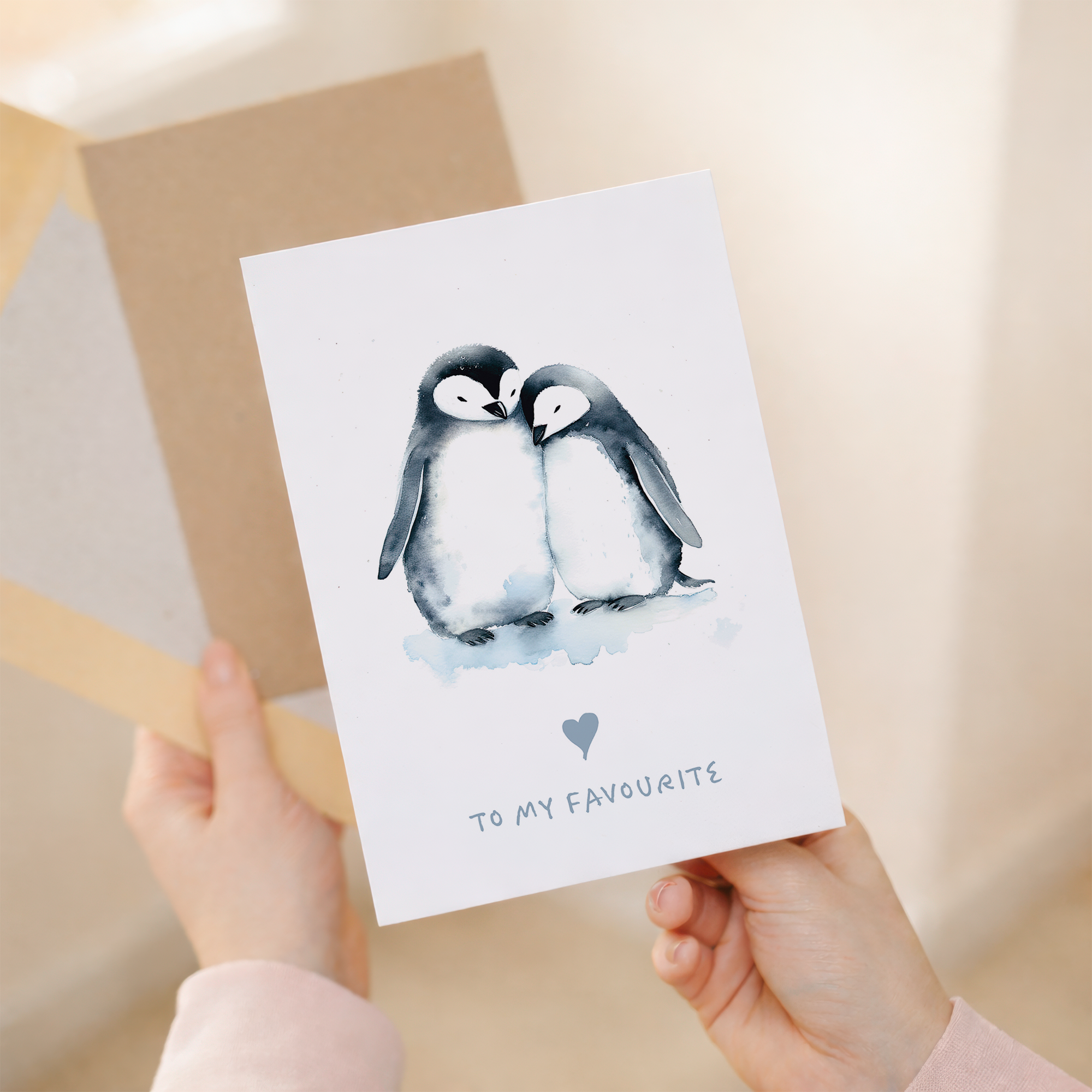 An illustration of two cute penguins standing together with a small red heart between them, on a simple white background.