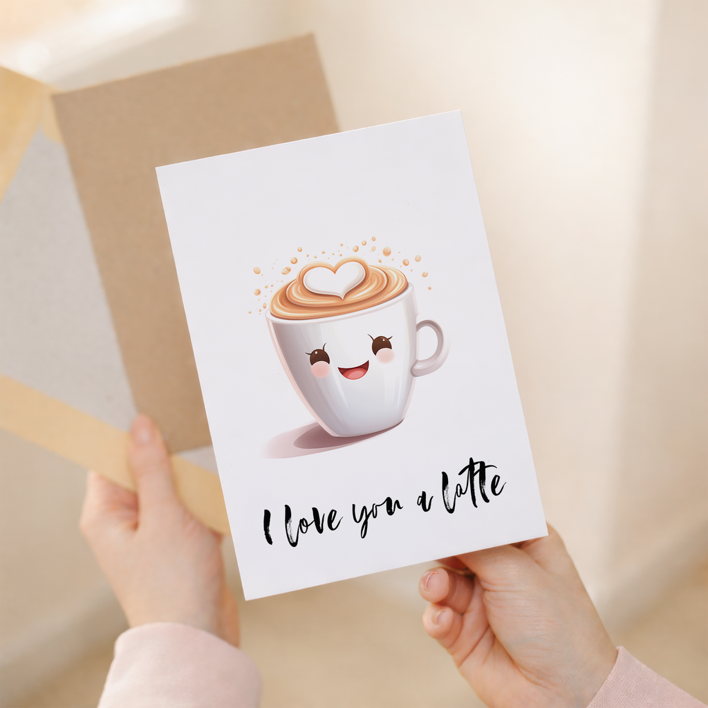 Anniversary card for a coffee lover featuring a stylized takeaway coffee cup with a red heart on the sleeve.