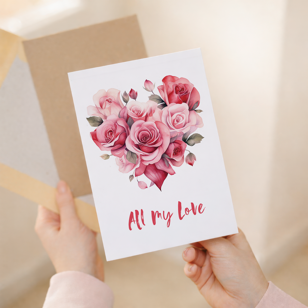 A vibrant floral heart illustration on a white background, featuring red and pink flowers with green leaves, for a Valentine's Day greeting card.