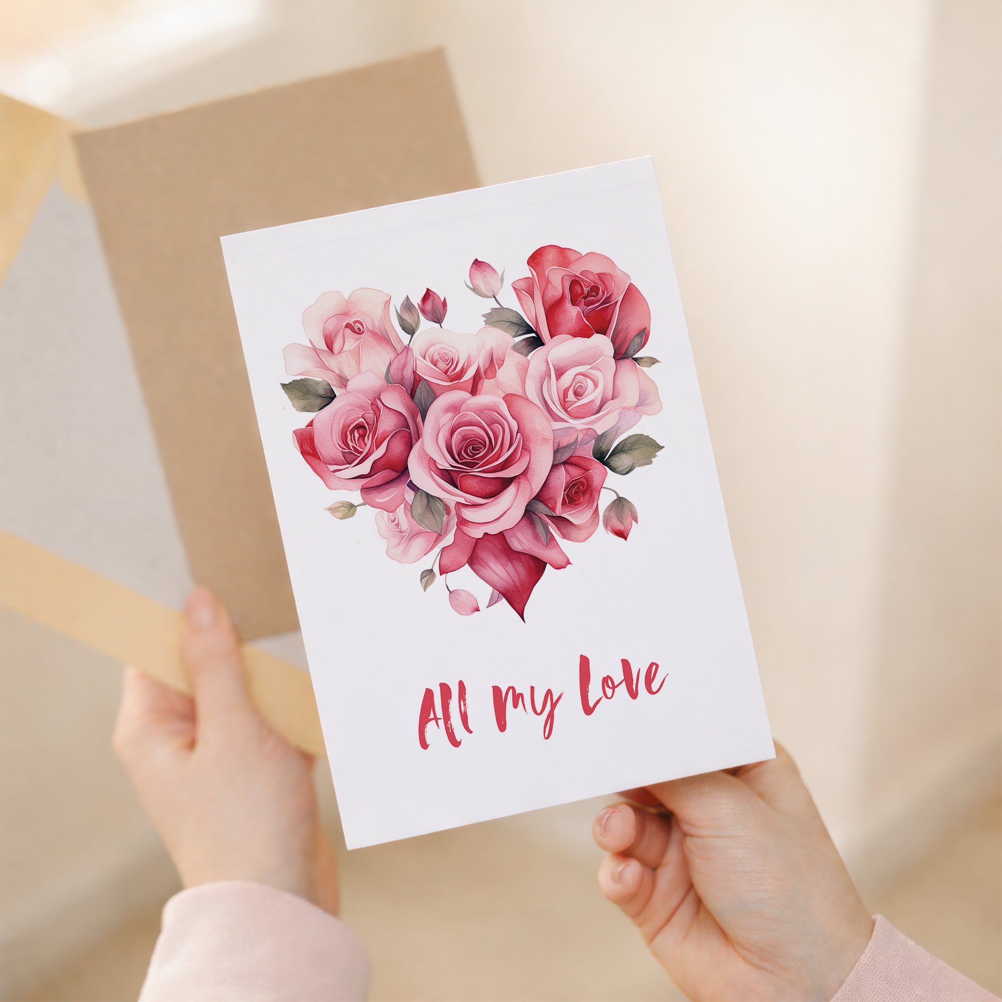 A vibrant floral heart illustration on a white background, featuring red and pink flowers with green leaves, for a Valentine's Day greeting card.