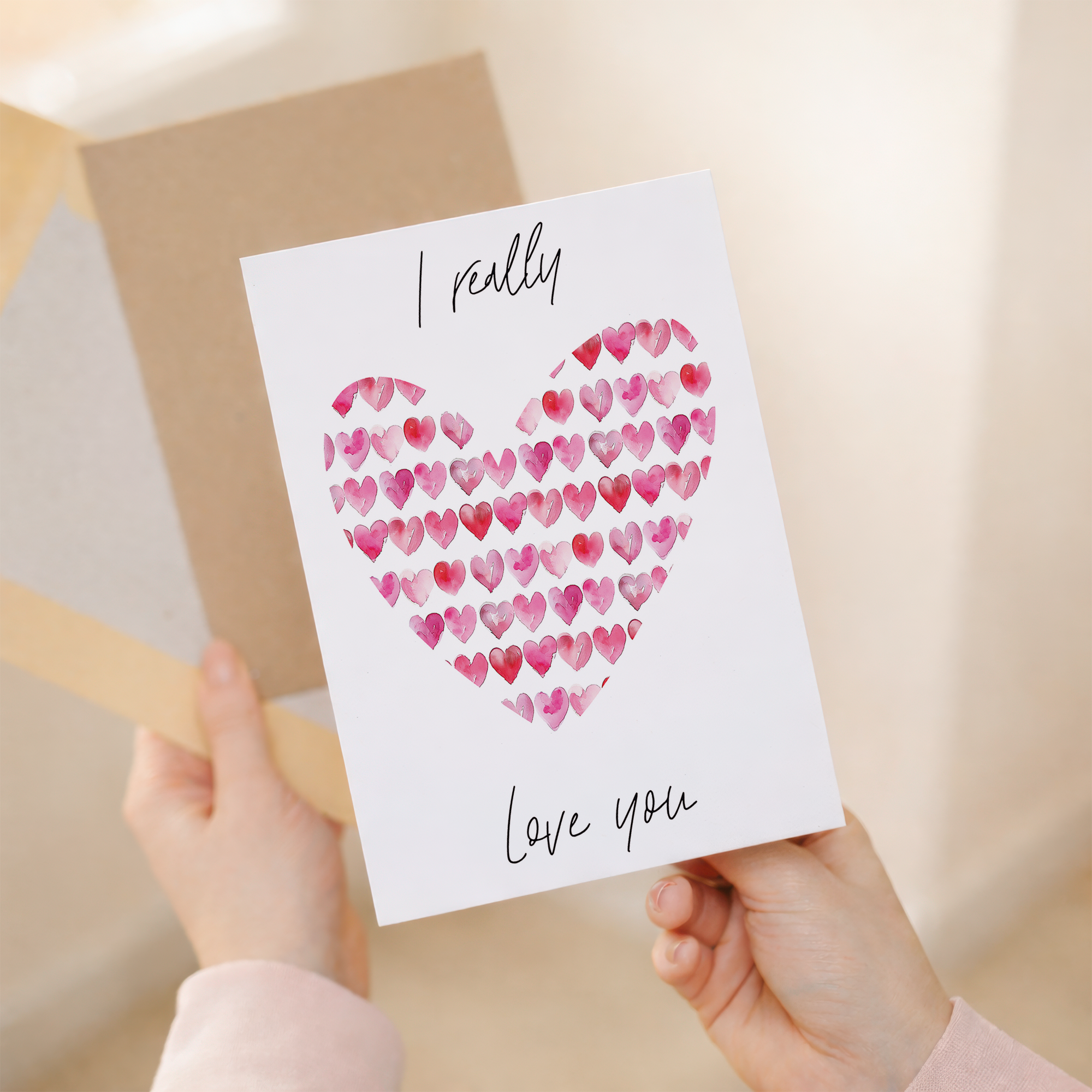 Valentine's Day greeting card featuring a romantic love hearts design for a wife, husband, boyfriend, or girlfriend.