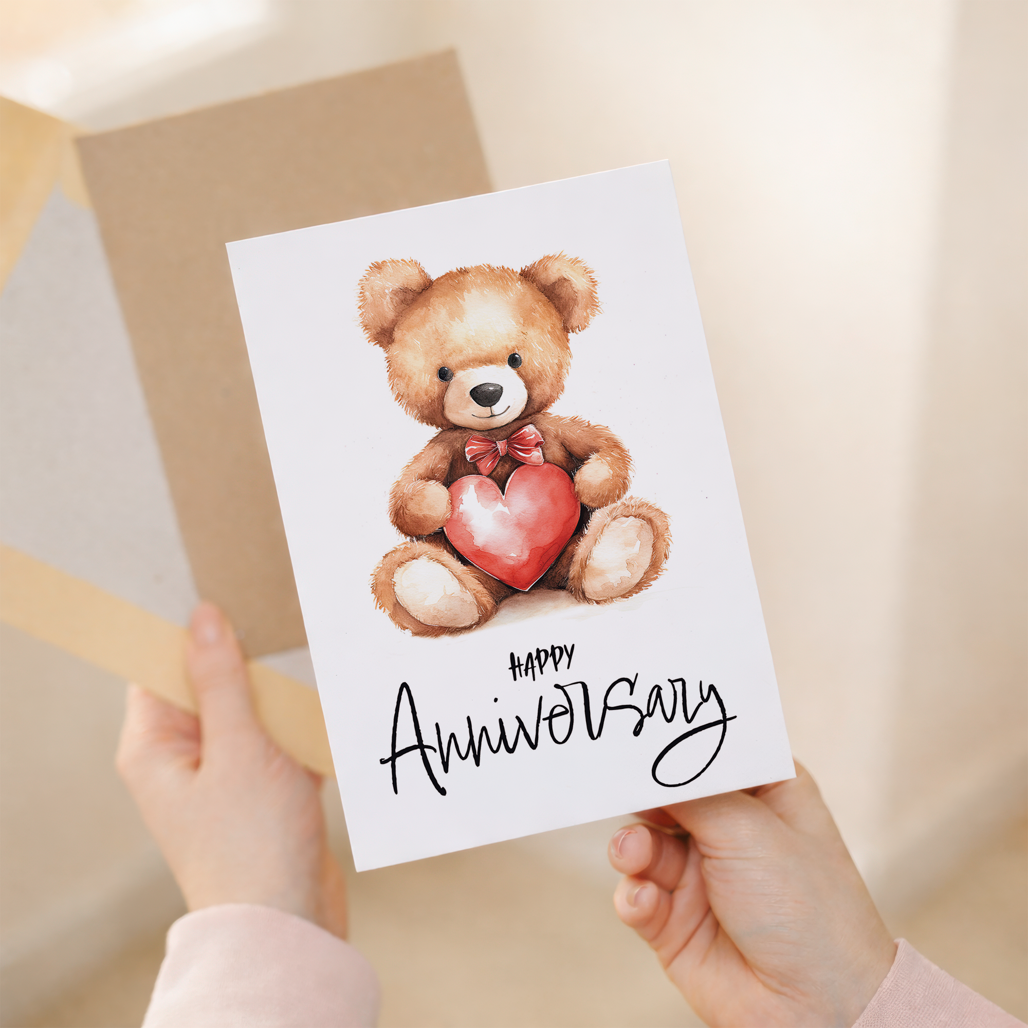 Cute teddy bear holding a large red love heart anniversary greeting card for a wife, husband, boyfriend, or girlfriend.
