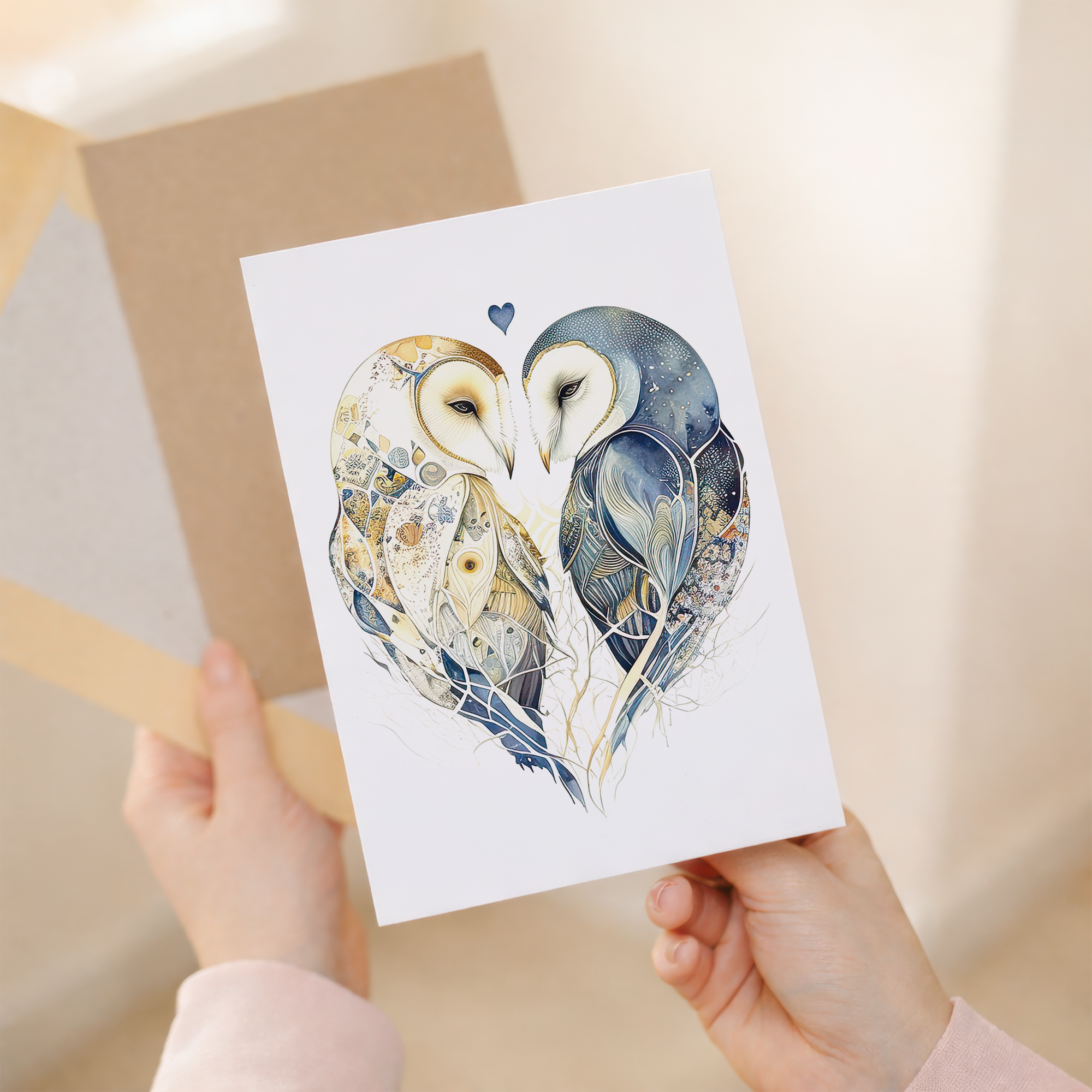 An elegant anniversary greeting card featuring two illustrated owls perched on a leafy branch, surrounded by decorative hearts and set against a soft beige and white background with blue accents.