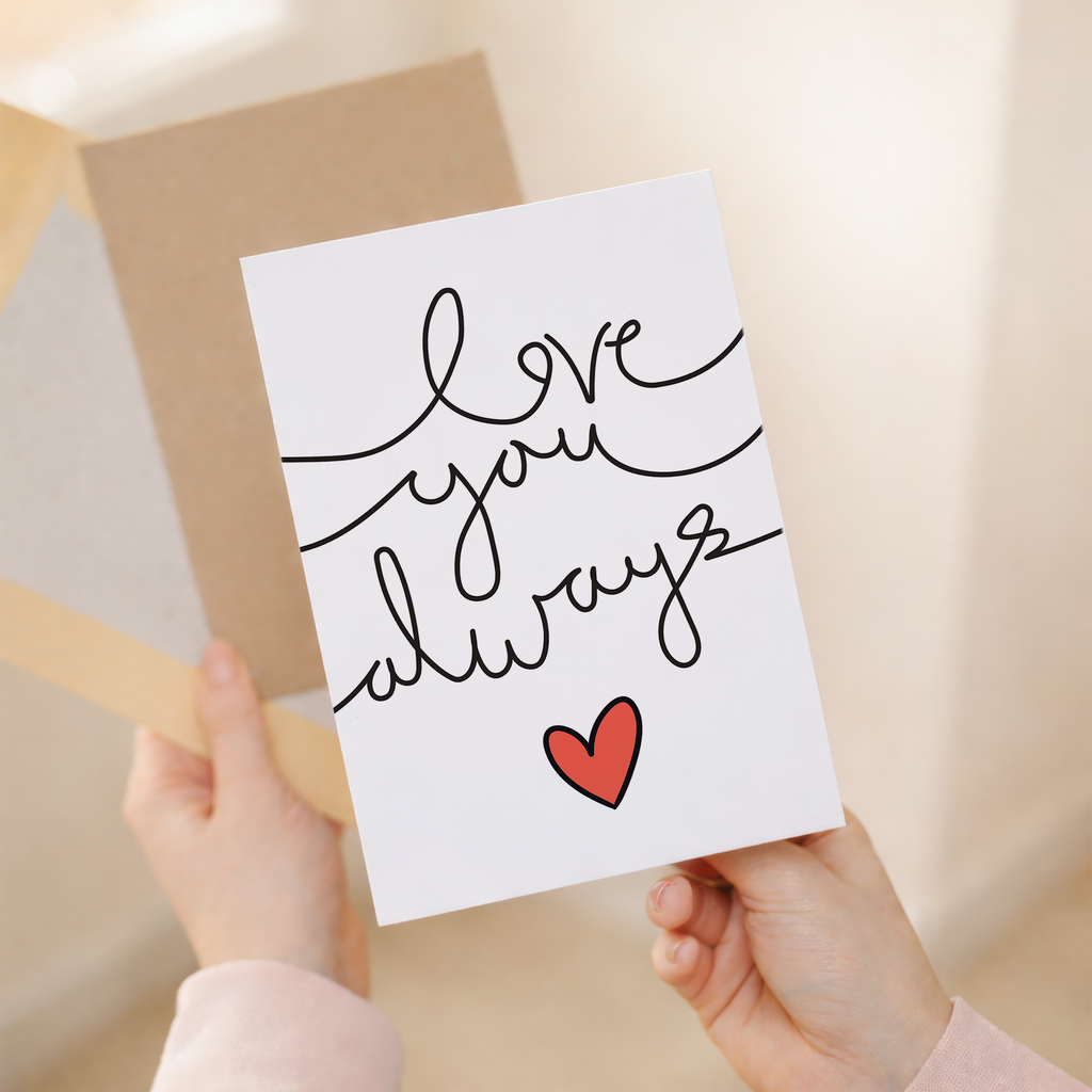 Romantic Valentine's Day greeting card featuring a charming "Love You Always" design on sustainable recycled cardstock, accompanied by a classic brown Kraft envelope.