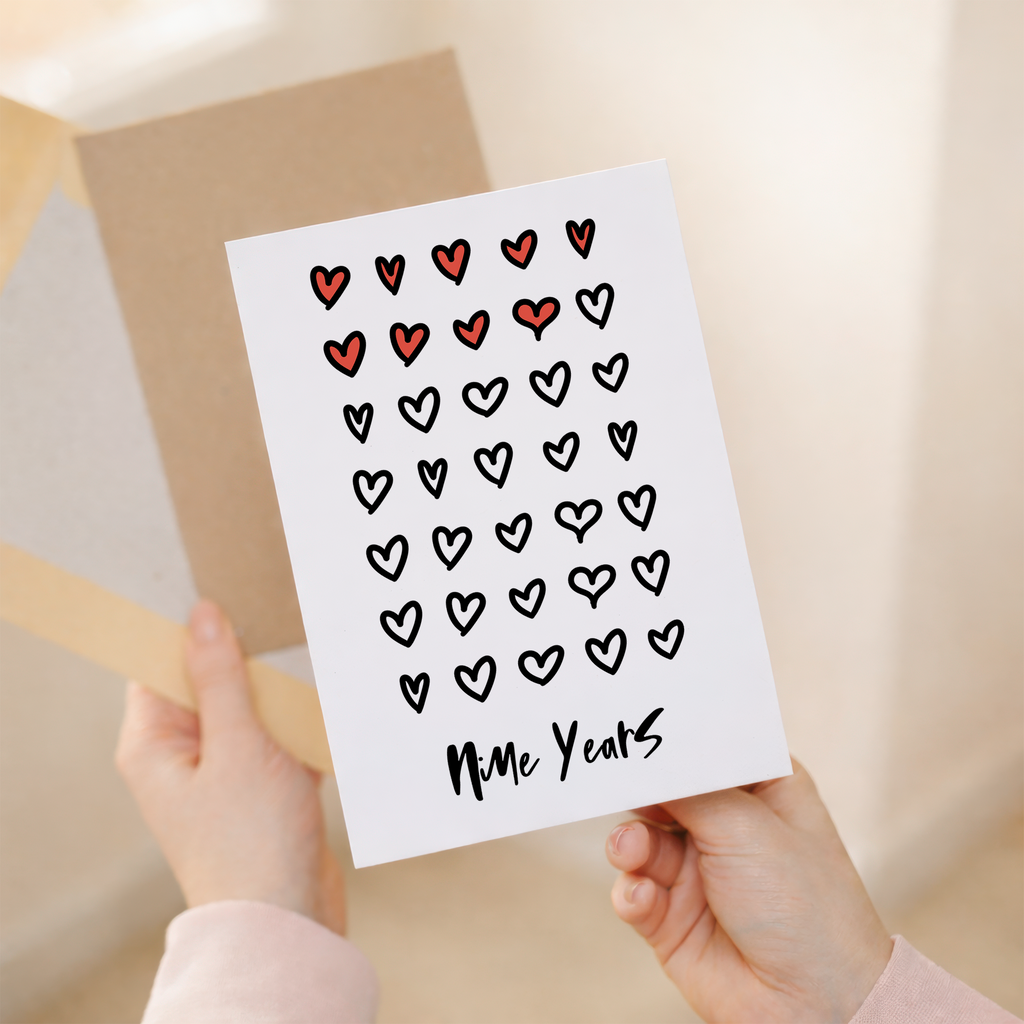 Elegant 9th Wedding Anniversary greeting card with romantic text on eco-friendly recycled cardstock, accompanied by a brown Kraft envelope.