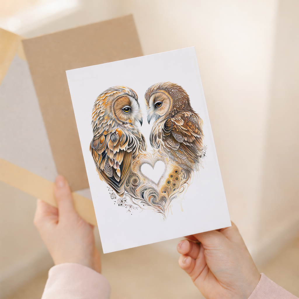 An elegant anniversary or Valentine's Day greeting card featuring a charming brown owl illustration on a beige background.