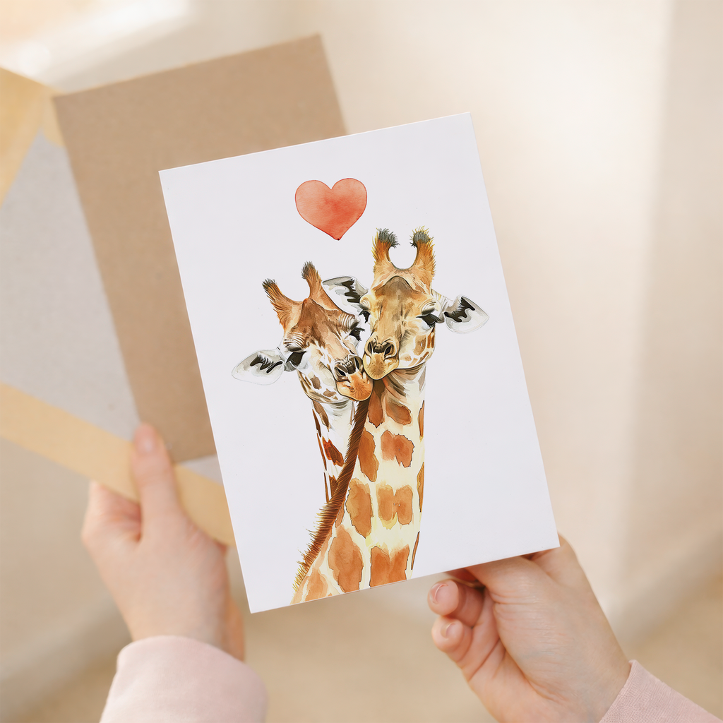 Illustration of two romantic giraffes with necks intertwined and small red hearts above them, on a cream-colored anniversary card.
