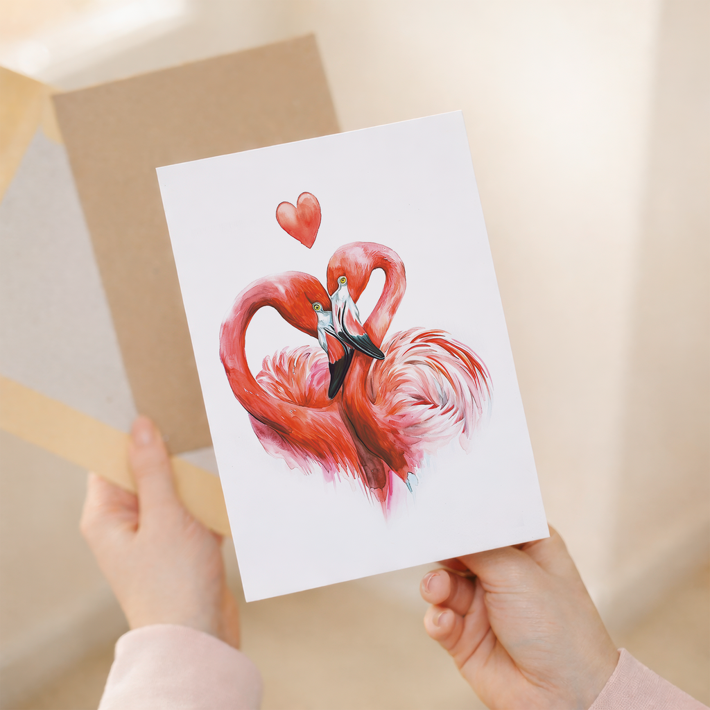 Romantic anniversary card featuring two pink flamingos forming a heart shape with their necks on a white background with red and pink hearts.