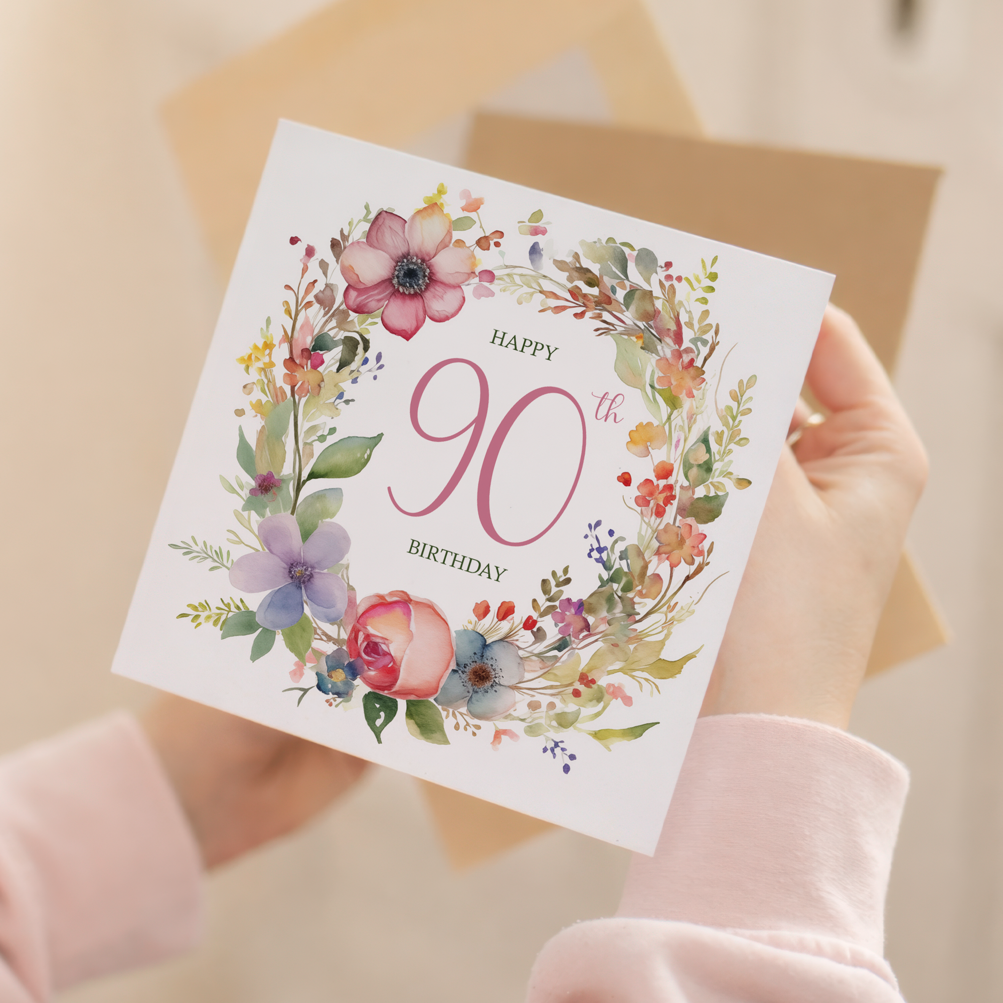 90th Birthday Card With Floral Illustration Pretty Ninty Card For Mum, Gran or Friend Ninetieth Birthday Card