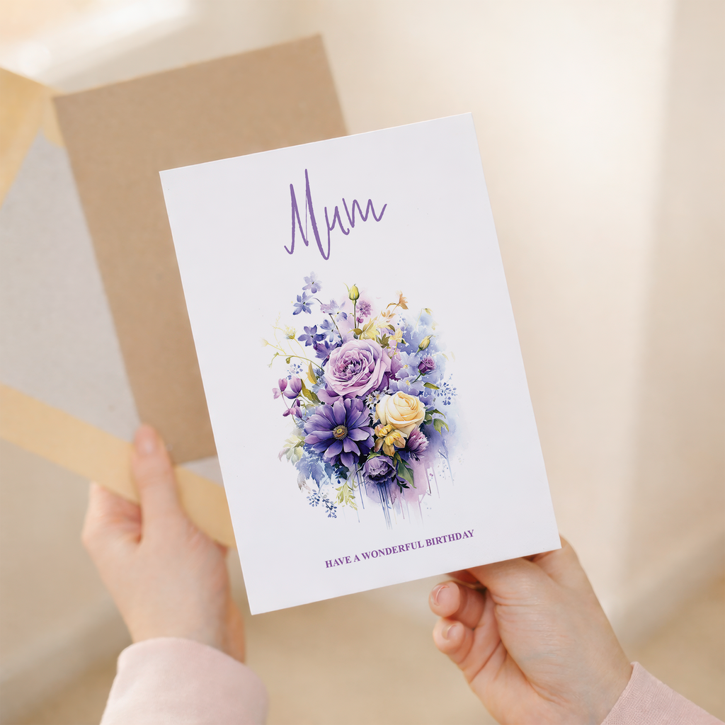 A portrait 5x7 inch birthday card for mum featuring a delicate floral design with purple and white flowers and green foliage.